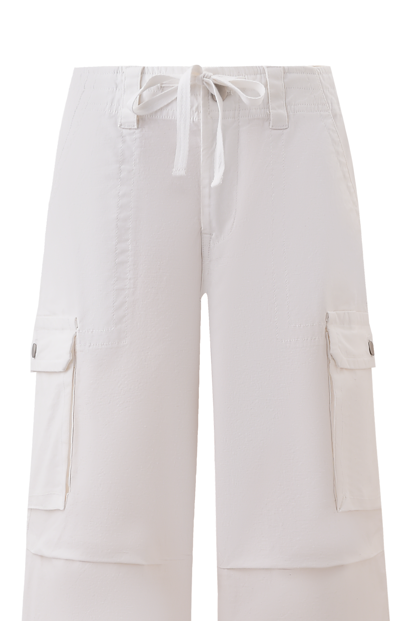 The JAXXON PANT - WHITE by I.AM.GIA features a low-rise waist, drawstring closure, large front and side flap pockets with button details, a relaxed baggy fit, and is crafted from lightweight fabric for comfort.