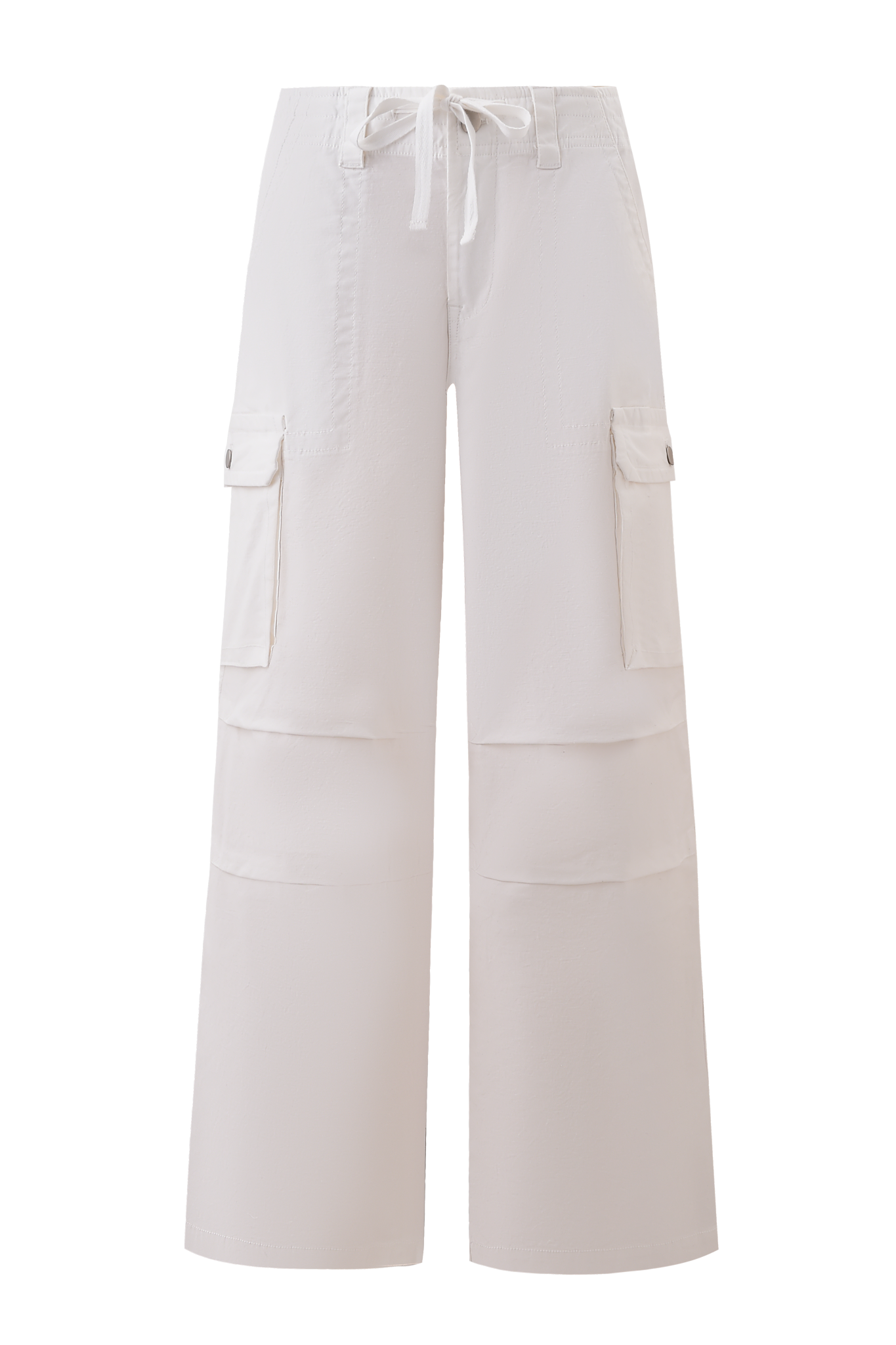 The JAXXON PANT - WHITE by I.AM.GIA features an oversized, baggy-leg silhouette with an elastic drawstring waistband and large button-flap side pockets, shown against a plain background.
