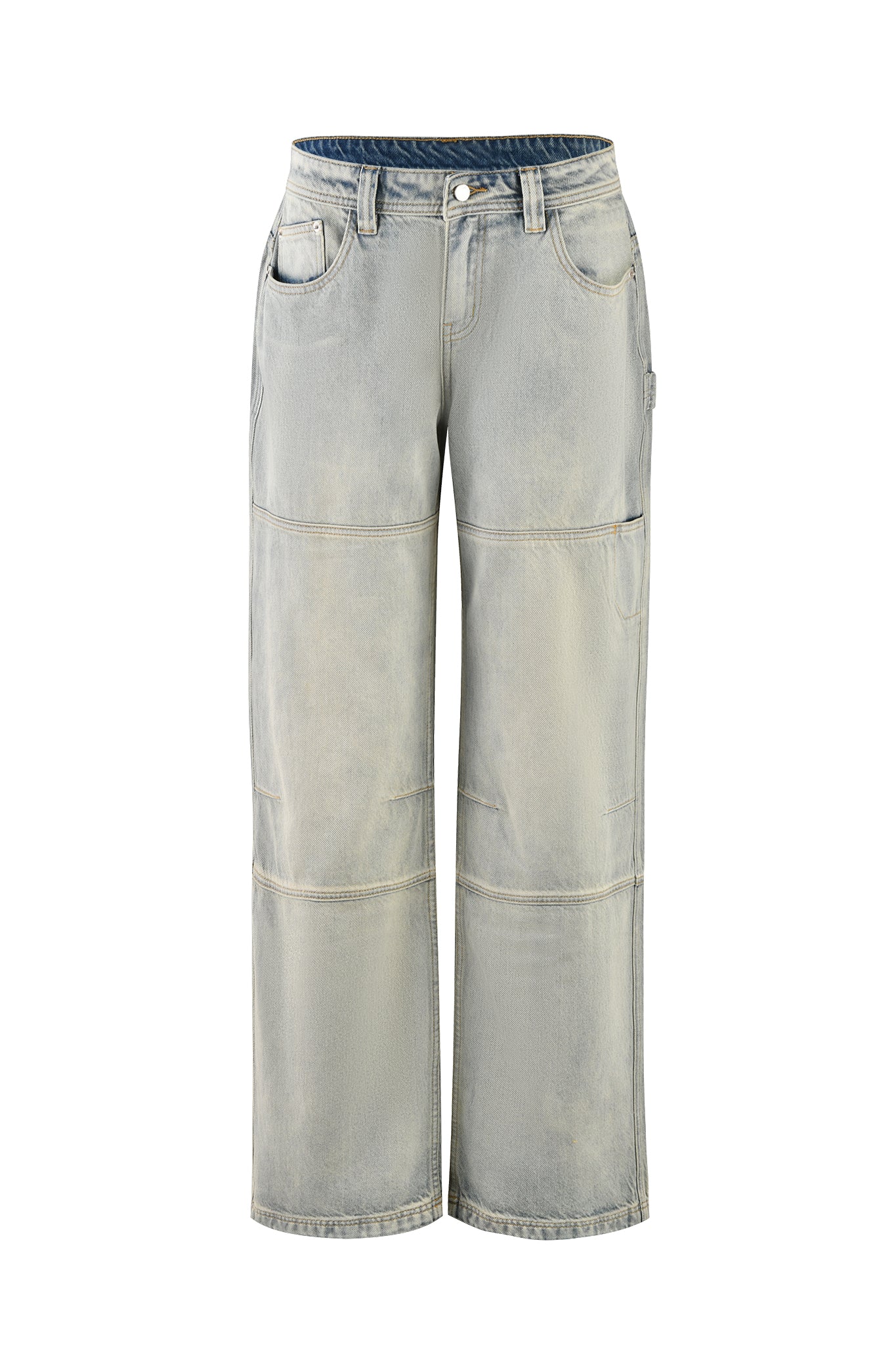 The MISTY JEAN - BLUE : VINTAGE WASH from I.AM.GIA are light gray denim pants with a straight, slightly loose fit. They feature a button and zip closure, five pockets, and subtle fading for a worn-in look. Reinforced seams on the knees and a small loop on the left thigh add to their rugged appeal.