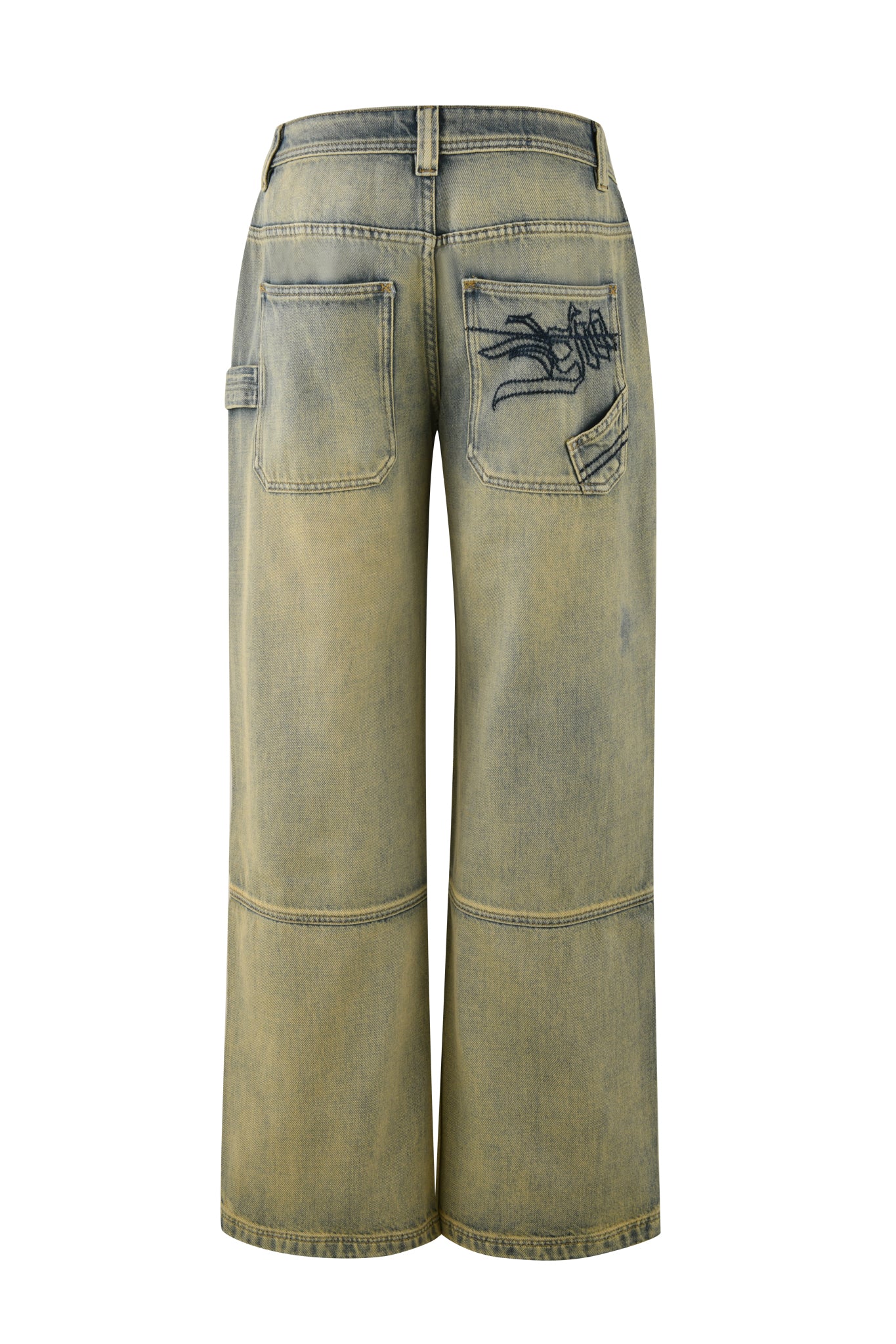 The MISTY JEAN - NEUTRAL by I.AM.GIA are wide-legged, faded denim jeans that showcase a vintage wash effect and distinctive visible stitching. These jeans have a low-rise waist and are highlighted from the rear view against a white background, featuring an embroidered dragonfly design on the back pocket.