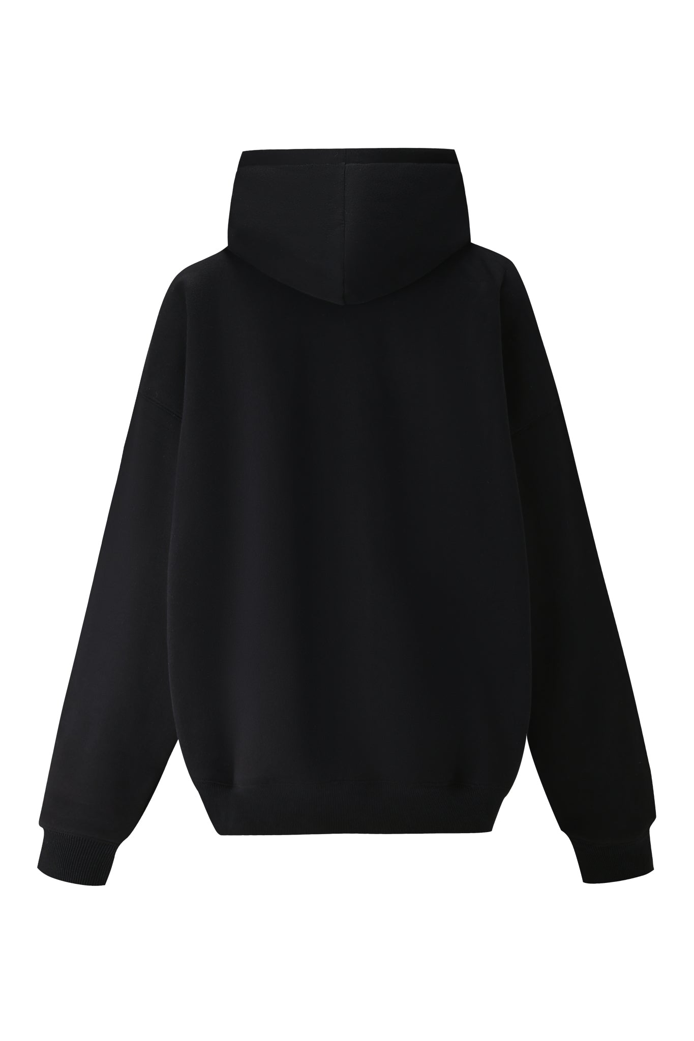 The DORIAN HOODIE - BLACK by I.AM.GIA is an oversized black hoodie with long sleeves, a hood, ribbed cuffs and hem, and subtle I.AM.GIA logo detailing on the back.