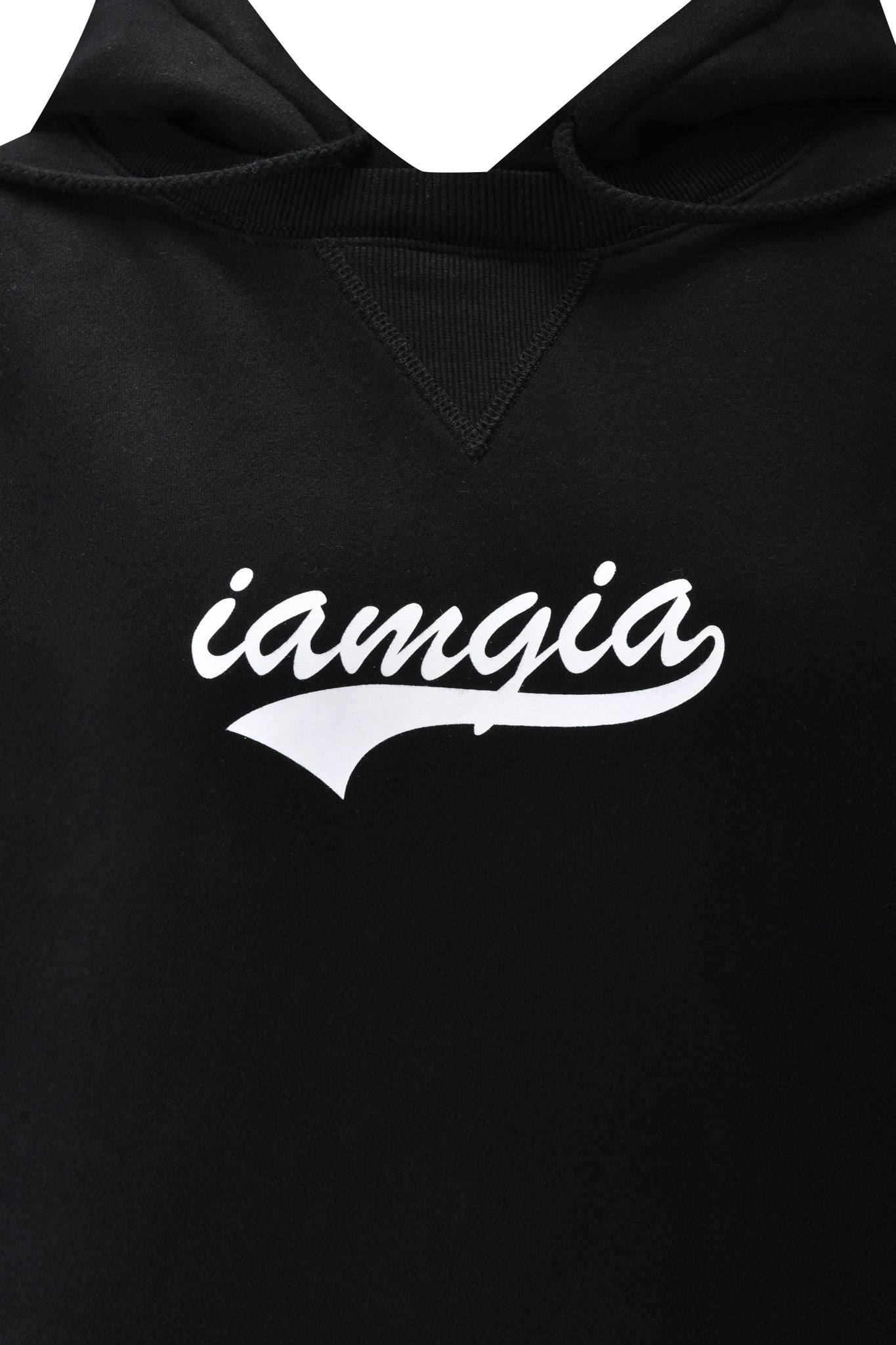 Close-up of the I.AM.GIA DORIAN HOODIE in black, featuring the brand’s logo printed in white cursive on the front.