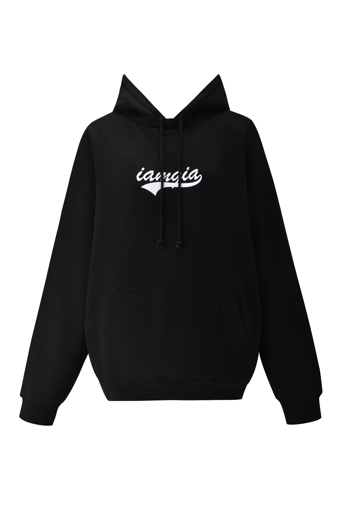 The DORIAN HOODIE - BLACK by I.AM.GIA is an oversized black hoodie with a front pocket and drawstring hood, featuring "iaania" in white cursive across the chest, inspired by the IAMGIA logo style.