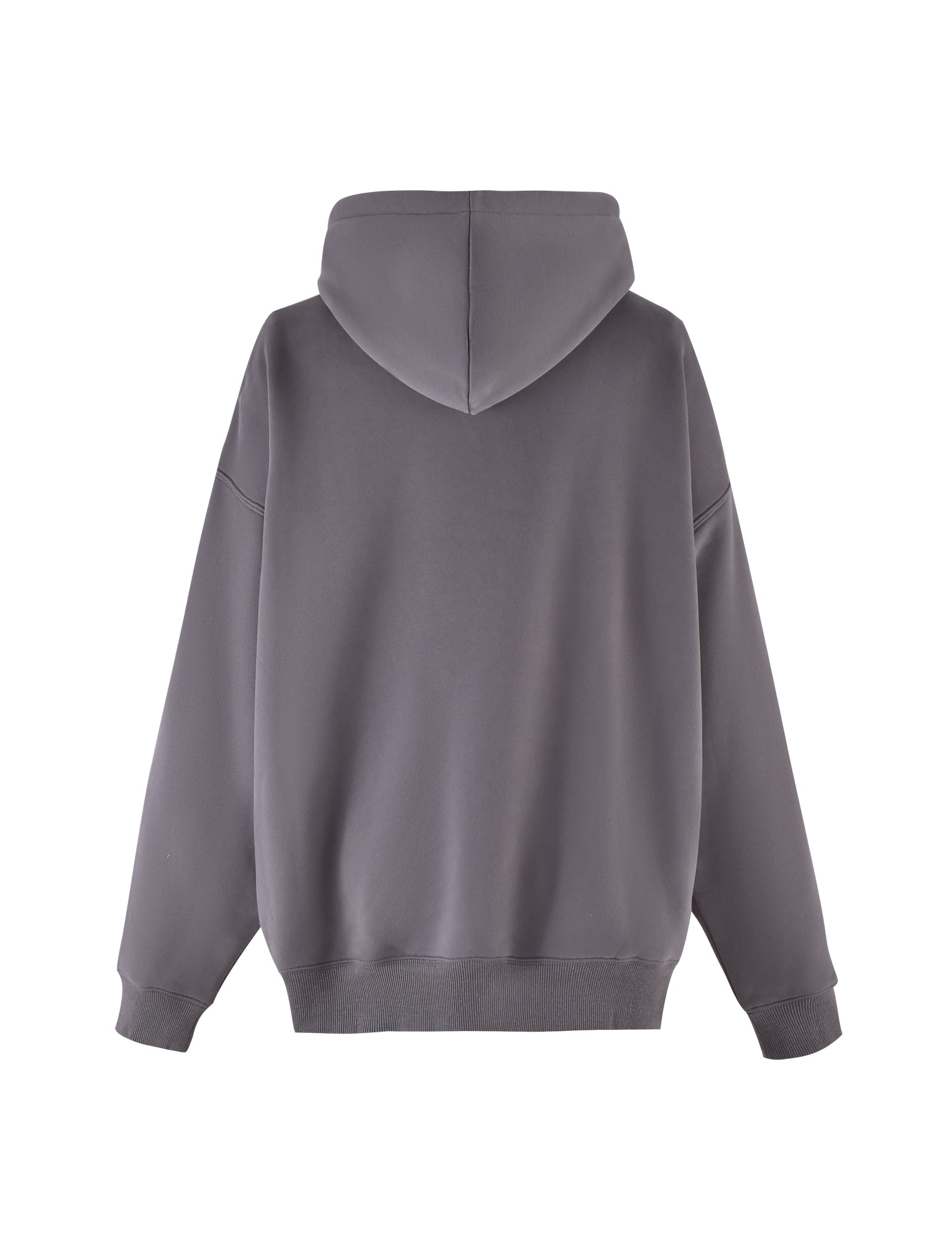 The image shows the back view of the DORIAN HOODIE - GREY : CHARCOAL by I.AM.GIA. It features a hood, long sleeves with ribbed cuffs, and a ribbed waist hem. The hoodie has a loose, relaxed fit and no visible text or graphics.