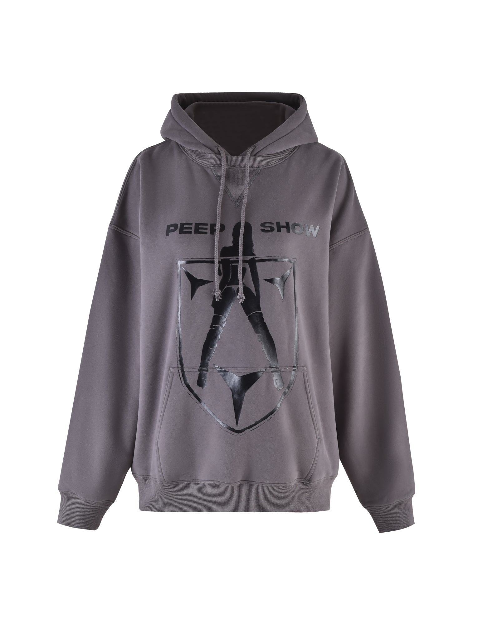 The DORIAN HOODIE - GREY : CHARCOAL from I.AM.GIA is a gray hooded sweatshirt featuring the text "PEEP SHOW" across the chest, with a stylized graphic of a person within a shield-like emblem below the text. The hoodie also includes a front pocket and ribbed cuffs and hem.