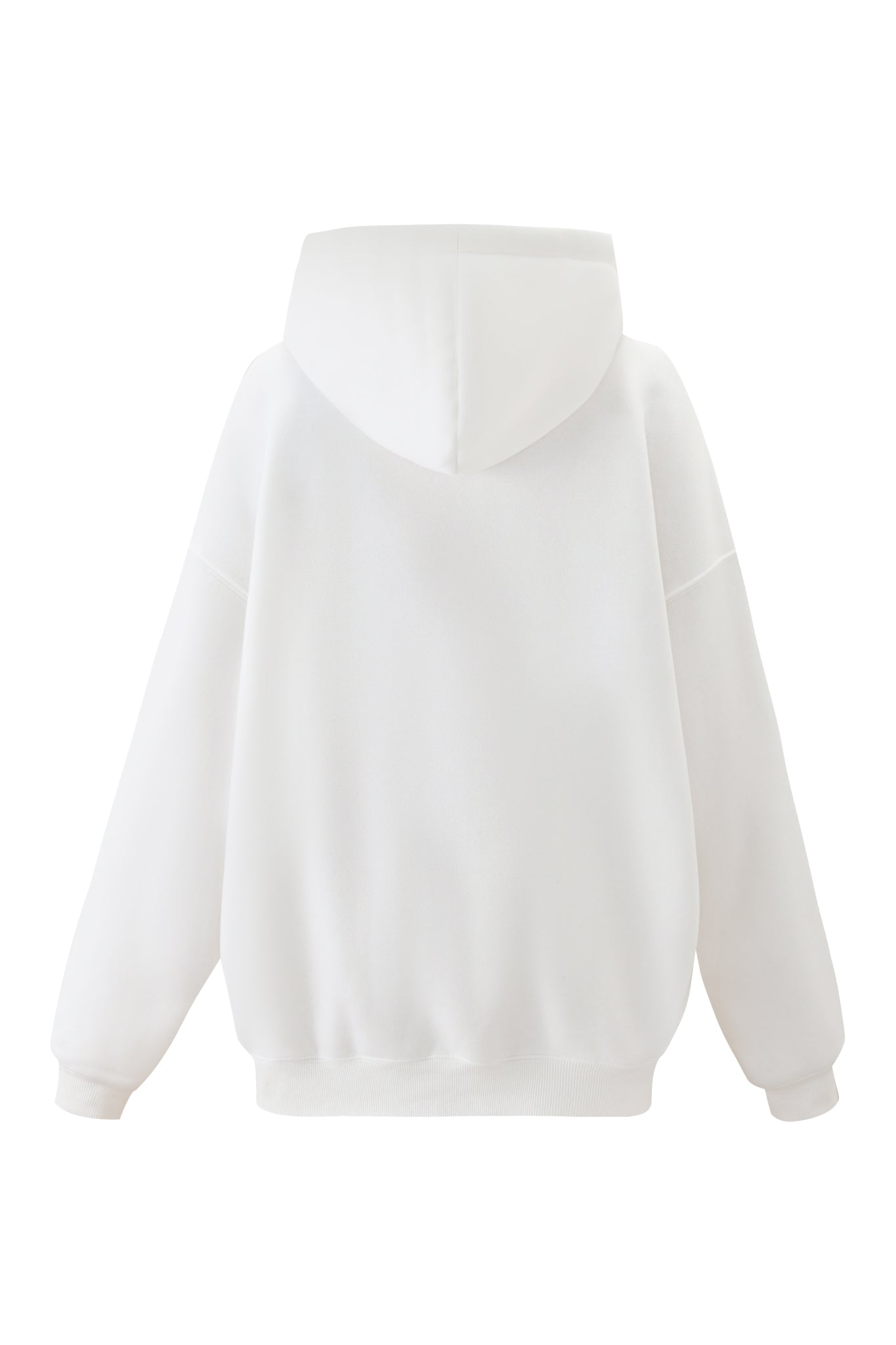 The DORIAN HOODIE – WHITE by I.AM.GIA is an oversized, plain white hoodie with a hood, long sleeves, and ribbed cuffs and hem—ideal for customizing with your favorite airbrush designs.
