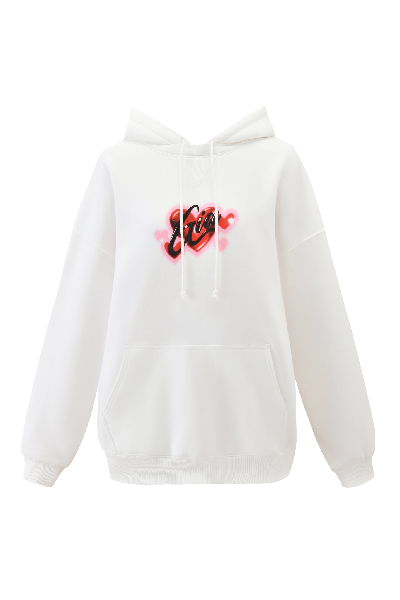 The DORIAN HOODIE - WHITE by I.AM.GIA is an oversized white hoodie with a front pocket, showcasing "Ego" spray-painted in black and red graffiti style across the chest, reminiscent of bold airbrush artwork.