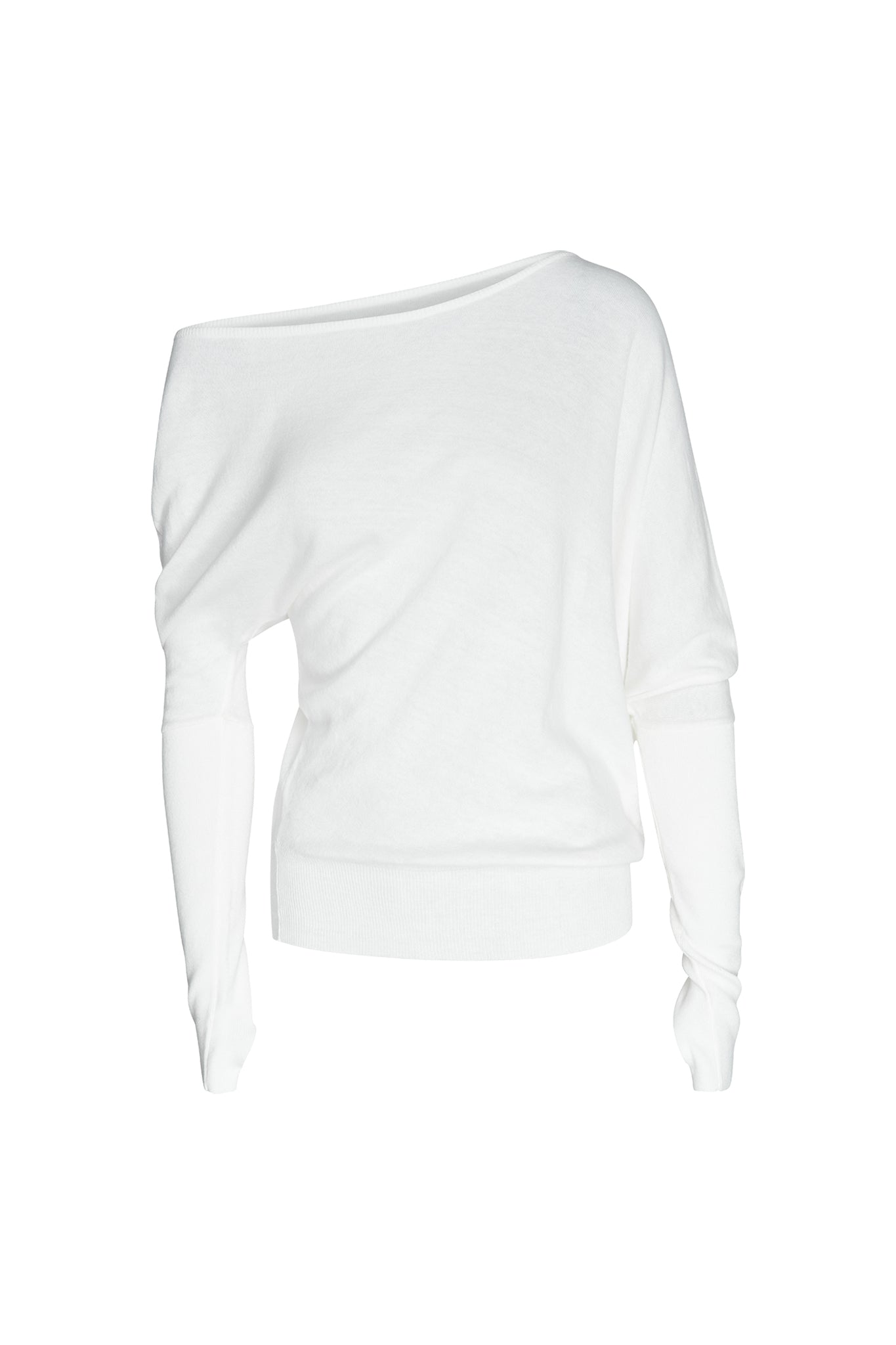The Giselle Top - White : Cream by I.AM.GIA is an off-the-shoulder, long-sleeve sweater with convenient thumb holes. Its asymmetric neckline adds a stylish and modern flair. The fabric looks soft and comfortable, making it ideal for casual or semi-casual wear. This sweater features a fitted waist and relaxed sleeves.