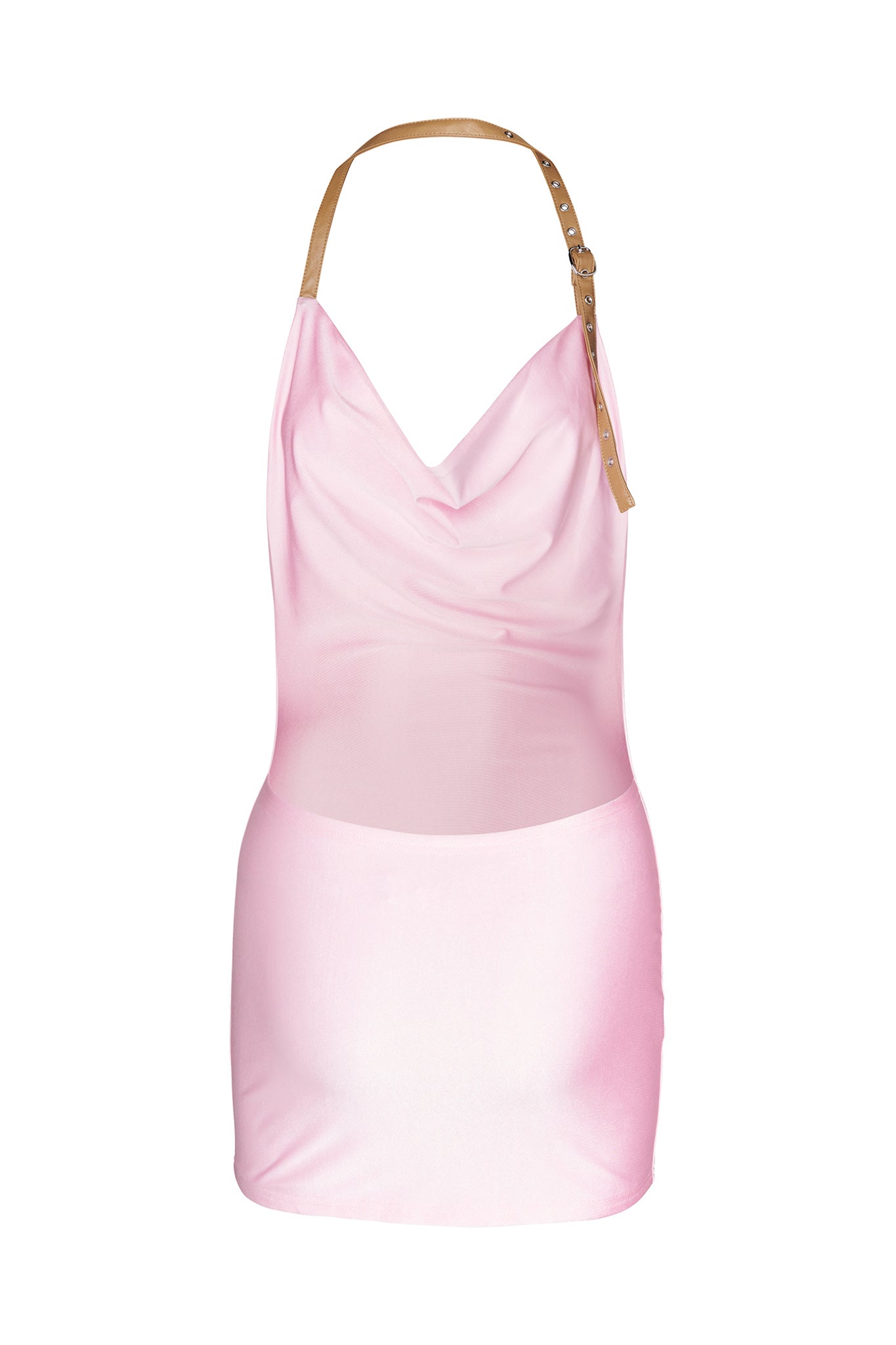 The MAIRE DRESS - PINK : BABY PINK by I.AM.GIA is a sleeveless mini dress with a draped neckline and a tan leather strap that buckles over one shoulder. It features a slim fit and a smooth, glossy texture.