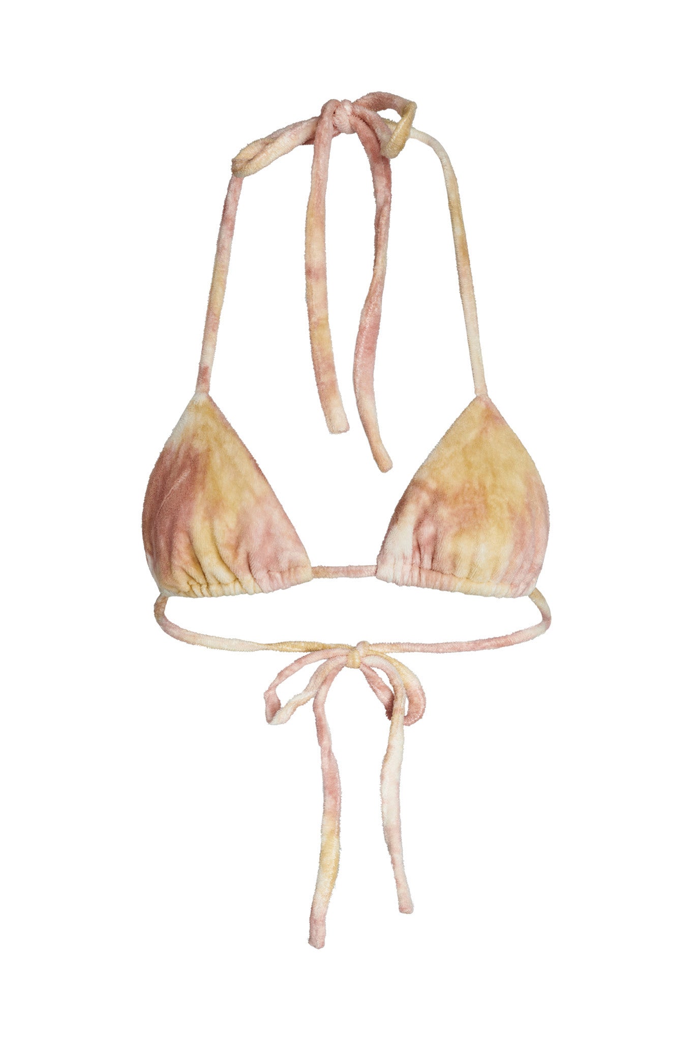 The NARELLA VELOUR TOP - NEUTRAL : TIE DYE from I.AM.GIA is a tie-dye bikini top that features a halter neck and adjustable ties at the back and front. It comes in a blend of soft pink, yellow, and beige colors, giving it a summery and bohemian look. The fabric appears to be soft and textured.