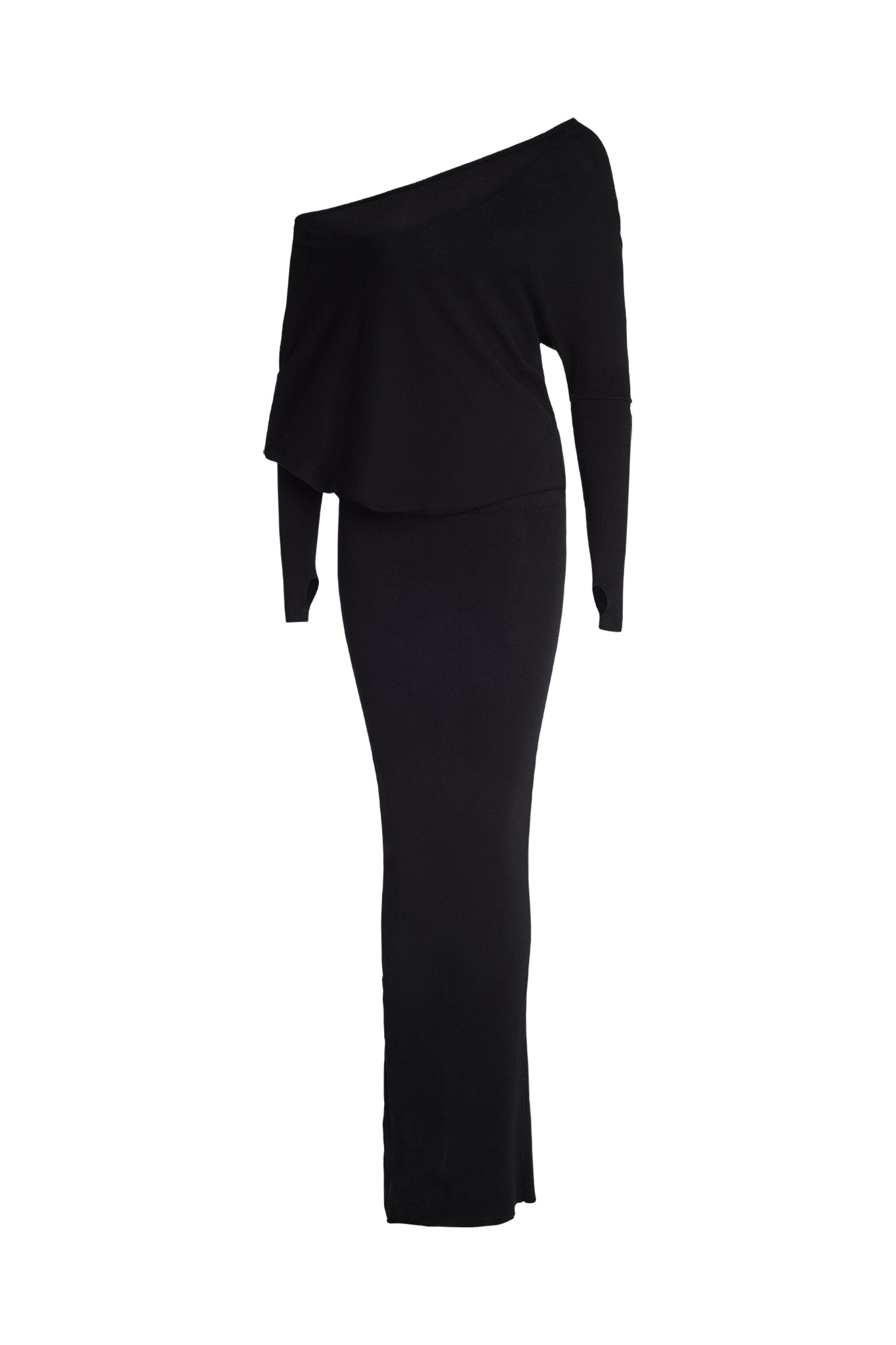 The GISELLE MAXI DRESS - BLACK by I.AM.GIA is an elegant black dress featuring an asymmetrical neckline, with one long sleeve and one bare shoulder. It has a fitted silhouette that extends down to the ankles, finishing with a slightly flared hemline.