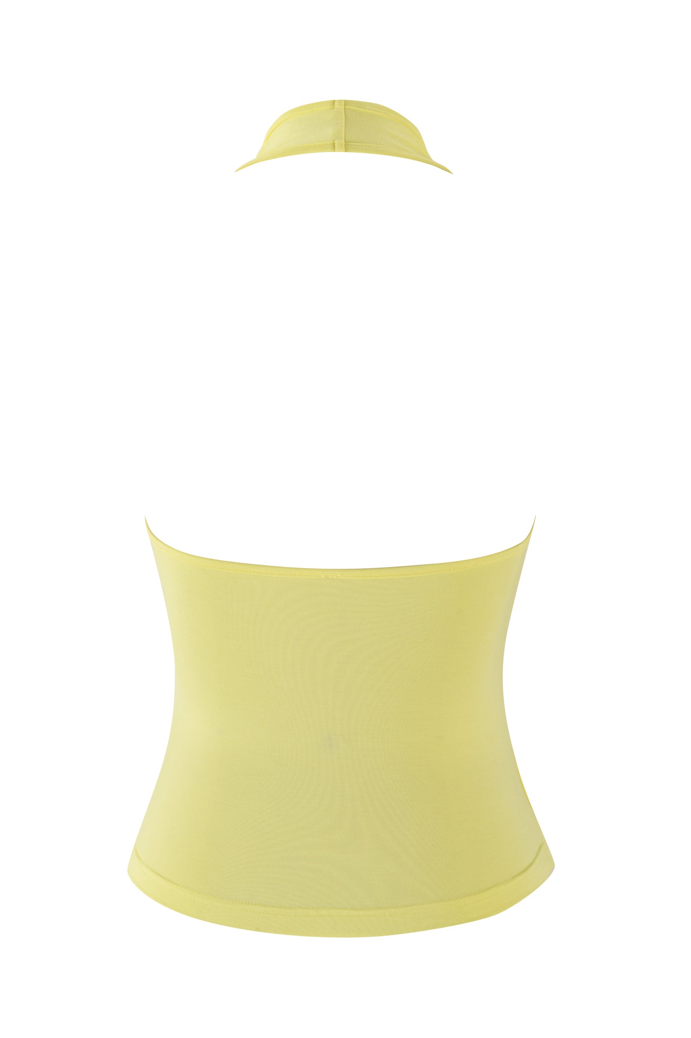 The CELESTE TOP - BABY YELLOW by I.AM.GIA, featuring a yellow halter neck and bodycon silhouette, is photographed from the back against a pristine white background.