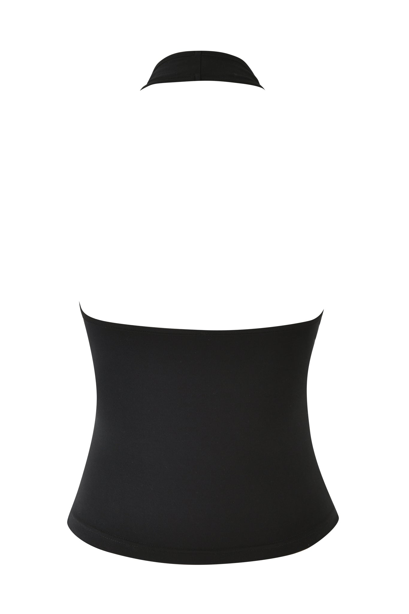The CELESTE TOP - BLACK by I.AM.GIA is a black, strapless design set against a plain white background. It showcases a fitted bodycon silhouette that cinches at the waist for a sleek appearance. The smooth, form-fitting fabric enhances its elegance, and the option for custom logo print adds a personalized touch.