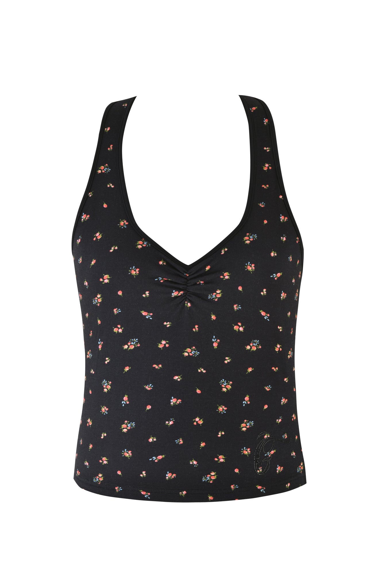 Enhance your wardrobe with the I.AM.GIA Celeste Top - Black: Ditsy Floral, featuring a black sleeveless bodycon design, deep scoop neckline, and center knot. Adorned in a colorful red, yellow, blue, and white floral print for charming style.