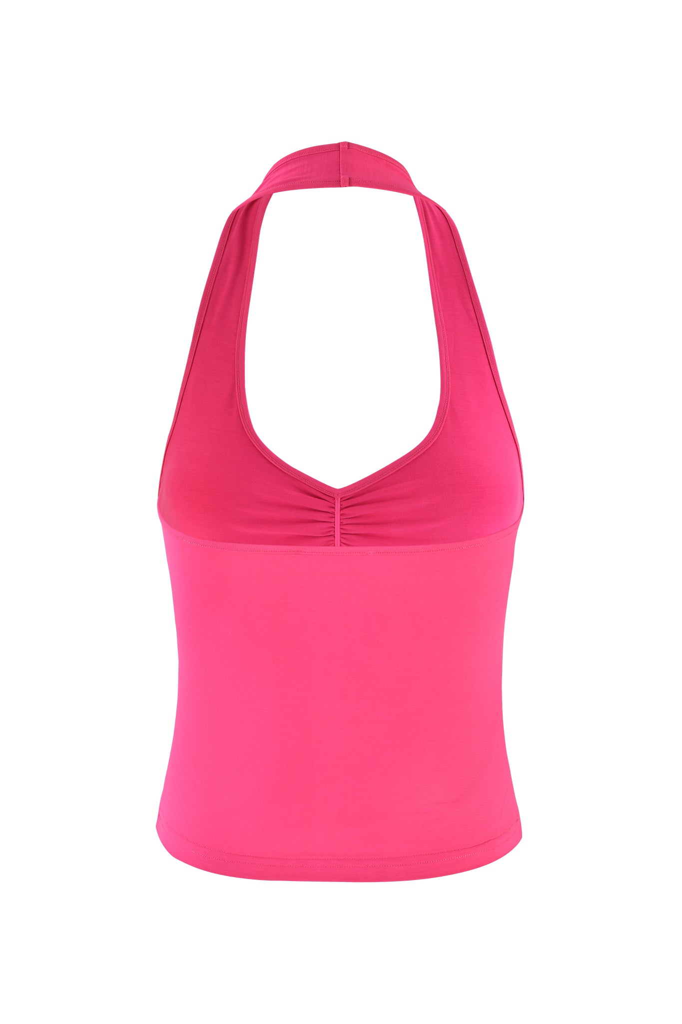 The I.AM.GIA CELESTE TOP in hot pink features a vibrant hue with a fitted design and deep neckline. The halter top has a strap that wraps around the neck, leaving the shoulders bare, while its stretchy and comfortable material makes it ideal for casual wear.