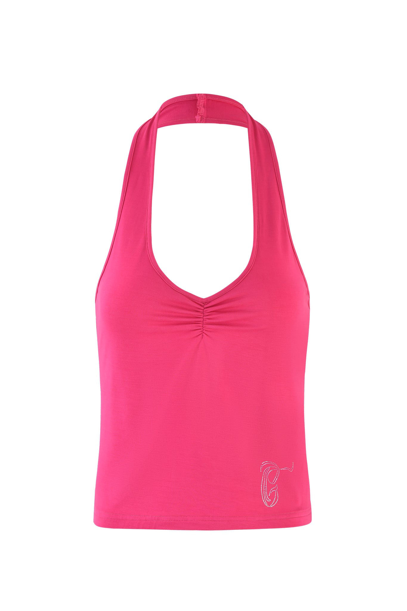 Introducing the CELESTE TOP - PINK: HOT PINK from I.AM.GIA, a vibrant sleeveless halter top featuring a v-shaped neckline. The front showcases subtle ruched detailing at the chest and a small embroidered design near the bottom hem on the right side, effortlessly blending sporty and elegant elements.