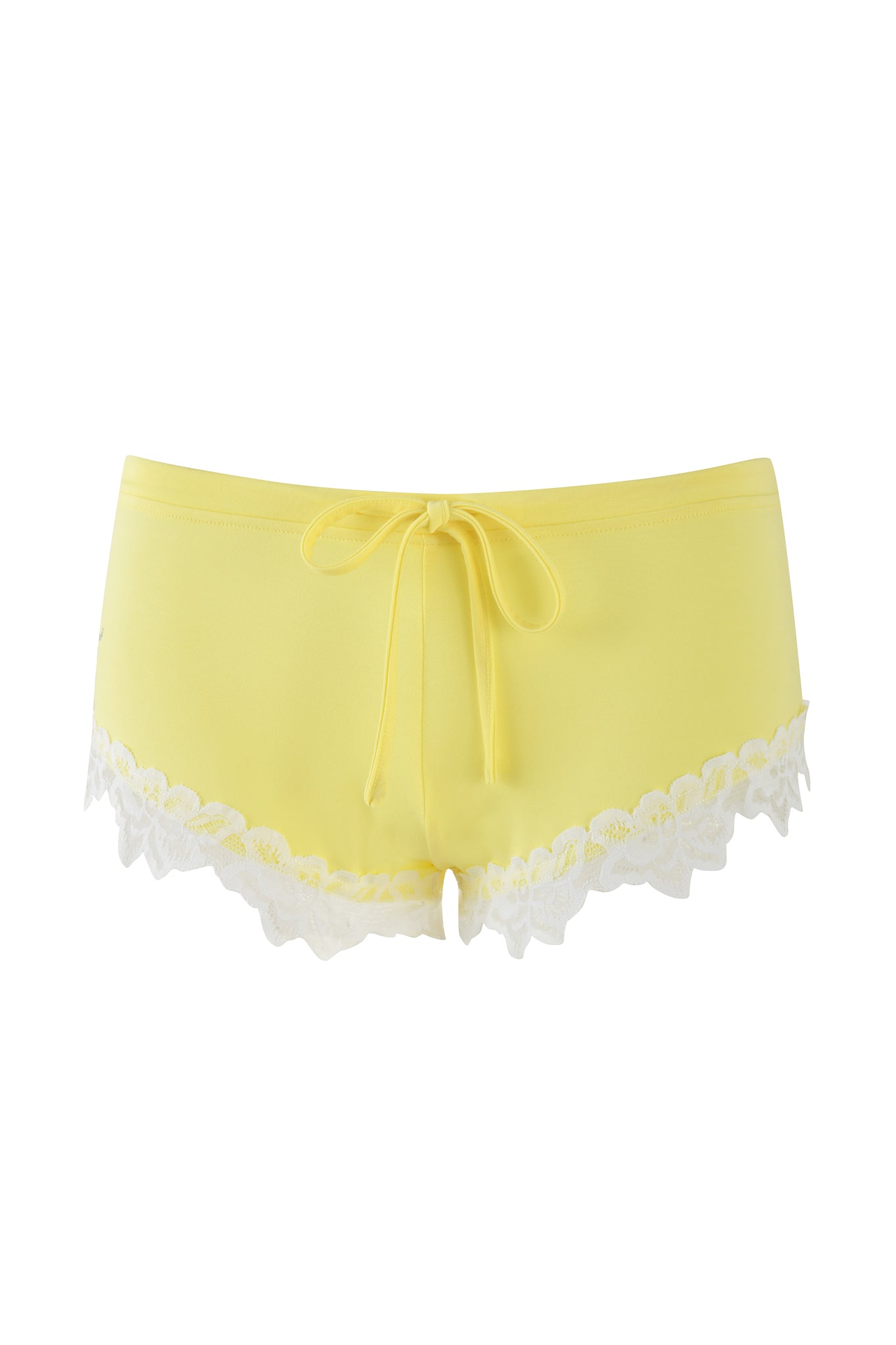 The CELESTE SHORT - YELLOW : BABY YELLOW by I.AM.GIA features a drawstring waistband and white lace trim along the legs, with a custom logo print, showcased against a plain white background.