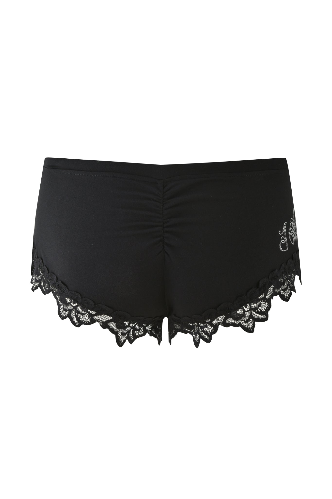 The CELESTE SHORT - BLACK by I.AM.GIA offers a bodycon silhouette for women, featuring lace trim at the leg openings and subtle ruching at the back for a simple and elegant design.