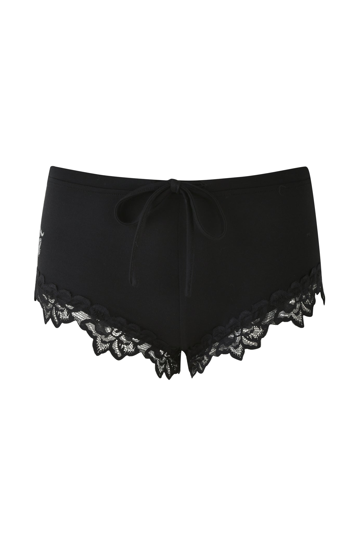 The CELESTE SHORT - BLACK by I.AM.GIA showcases black micro mini shorts with a decorative lace trim featuring a floral pattern at the bottom and a drawstring waist, adding a delicate touch to the design.