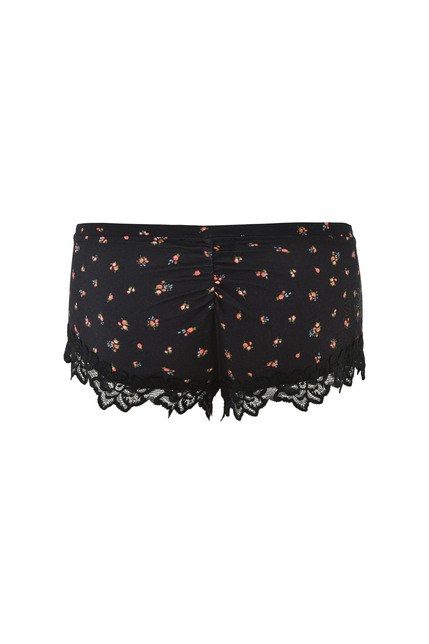 I.AM.GIA's CELESTE SHORT - BLACK : DITSY FLORAL features a bodycon silhouette with chic black adorned with small floral patterns and delicate lace trim.