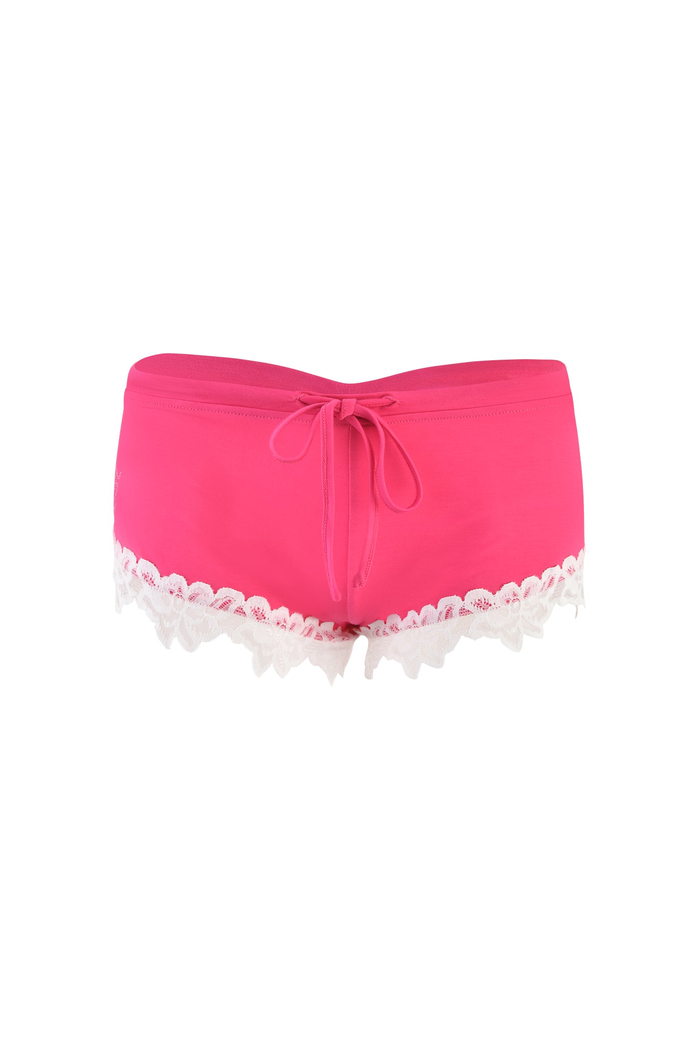 The CELESTE SHORT - PINK by I.AM.GIA in hot pink features a front drawstring and white lace trim at the bottom. The lace detail adds a touch of elegance, contrasting with the vibrant color of the shorts. This garment is perfect for casual or lounge wear.