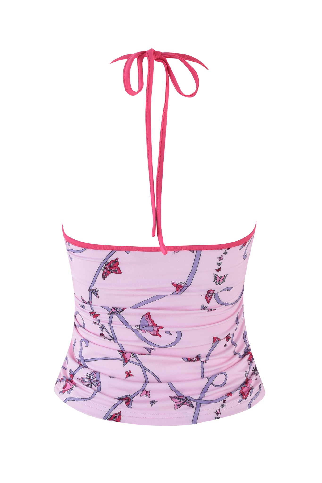 The I.AM.GIA JANNIS TANK - PINK : BUTTERFLY RIBBON is a chic strapless floral top with a pink butterfly ribbon print on light pink bamboo fabric, featuring a vibrant bright pink halter tie at the neck.