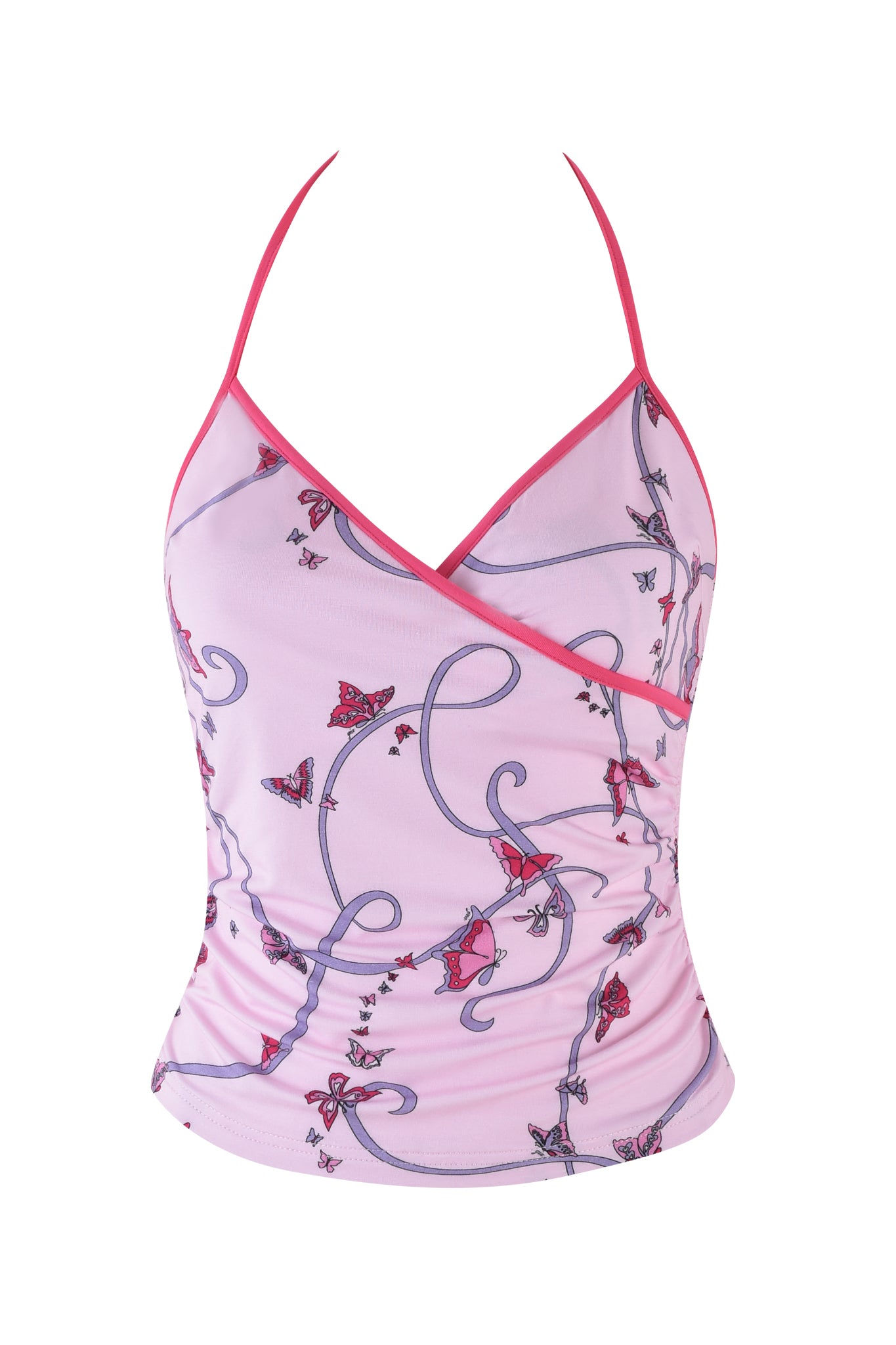 The I.AM.GIA JANNIS TANK - PINK: BUTTERFLY RIBBON is a sleeveless halter top made of bamboo, with a crossover design, thin straps, and adorned with a butterfly ribbon print featuring purple swirls, pink butterflies, and bright pink trim.