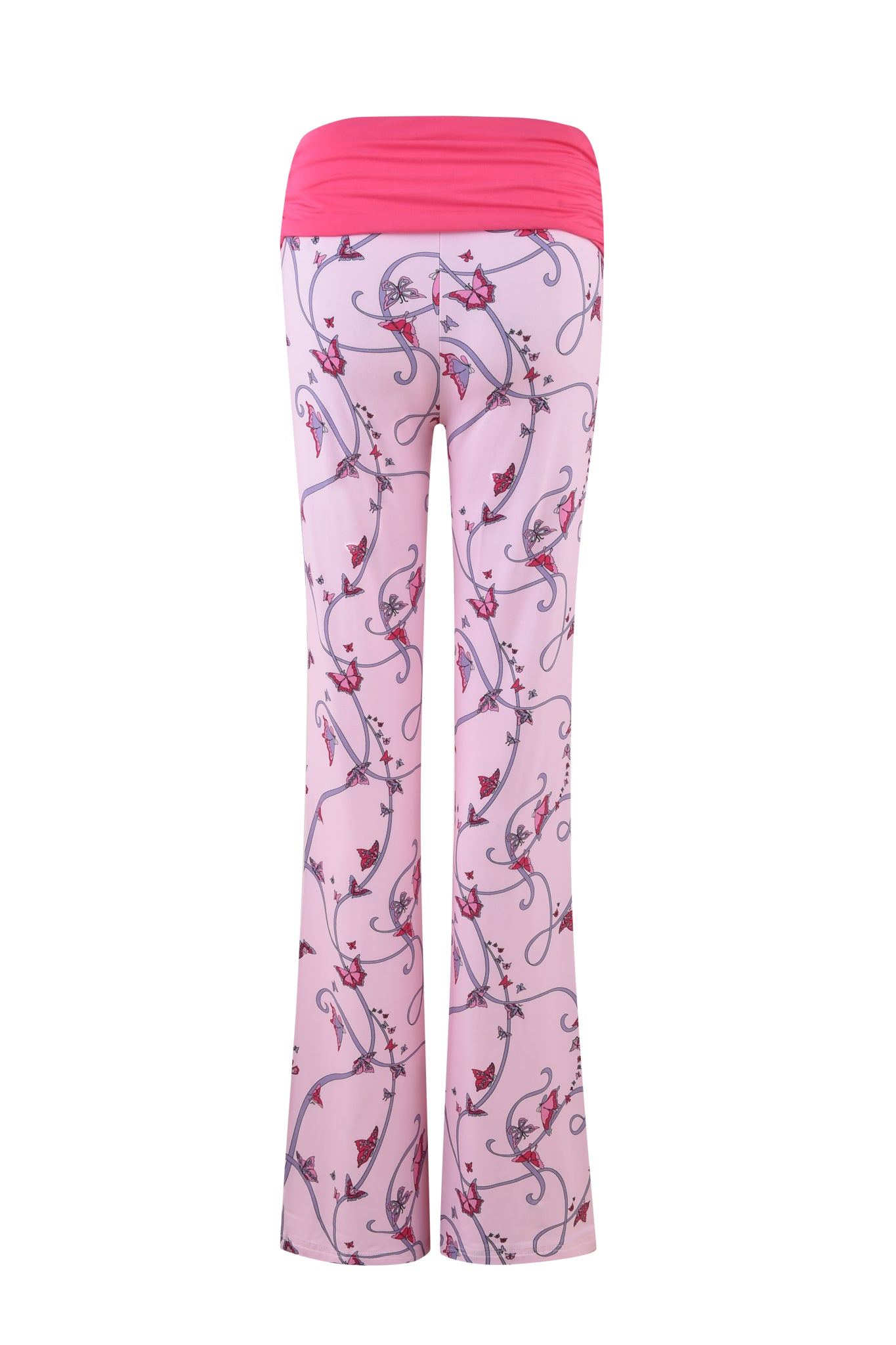 The JANNIS PANT - PINK : BUTTERFLY RIBBON from I.AM.GIA offers pink flared pants with an elastic waistband, floral vines, flowers, and leaves in darker pink and black on a light pink background, adding a bold flair to any outfit.