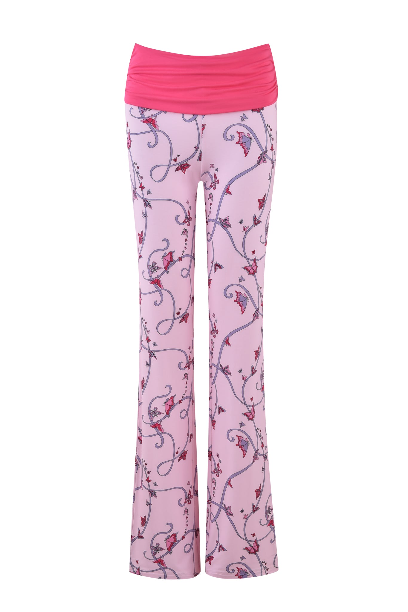 The JANNIS PANT - PINK from I.AM.GIA, known as BUTTERFLY RIBBON, features a striking bright pink waistband with a detailed design of winding vines and delicate butterfly ribbons on a gray and mauve pattern set against a light pink background.