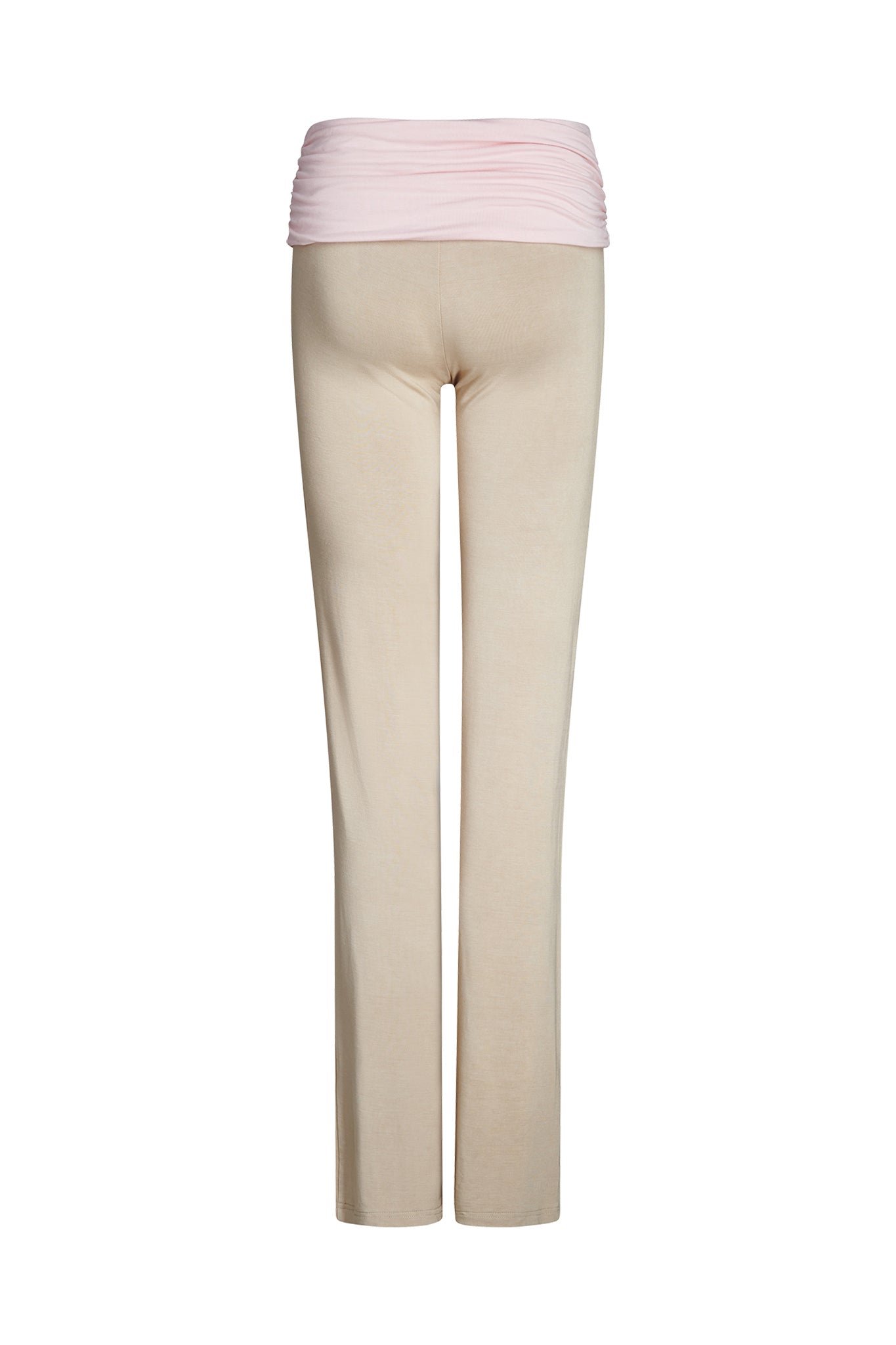The JANNIS PANT - NEUTRAL : TAN/PINK from I.AM.GIA features a tan color with a light pink stretchy waistband. Displayed from the back view, these maternity pants showcase a straight-leg design and soft fabric suitable for pregnancy comfort.