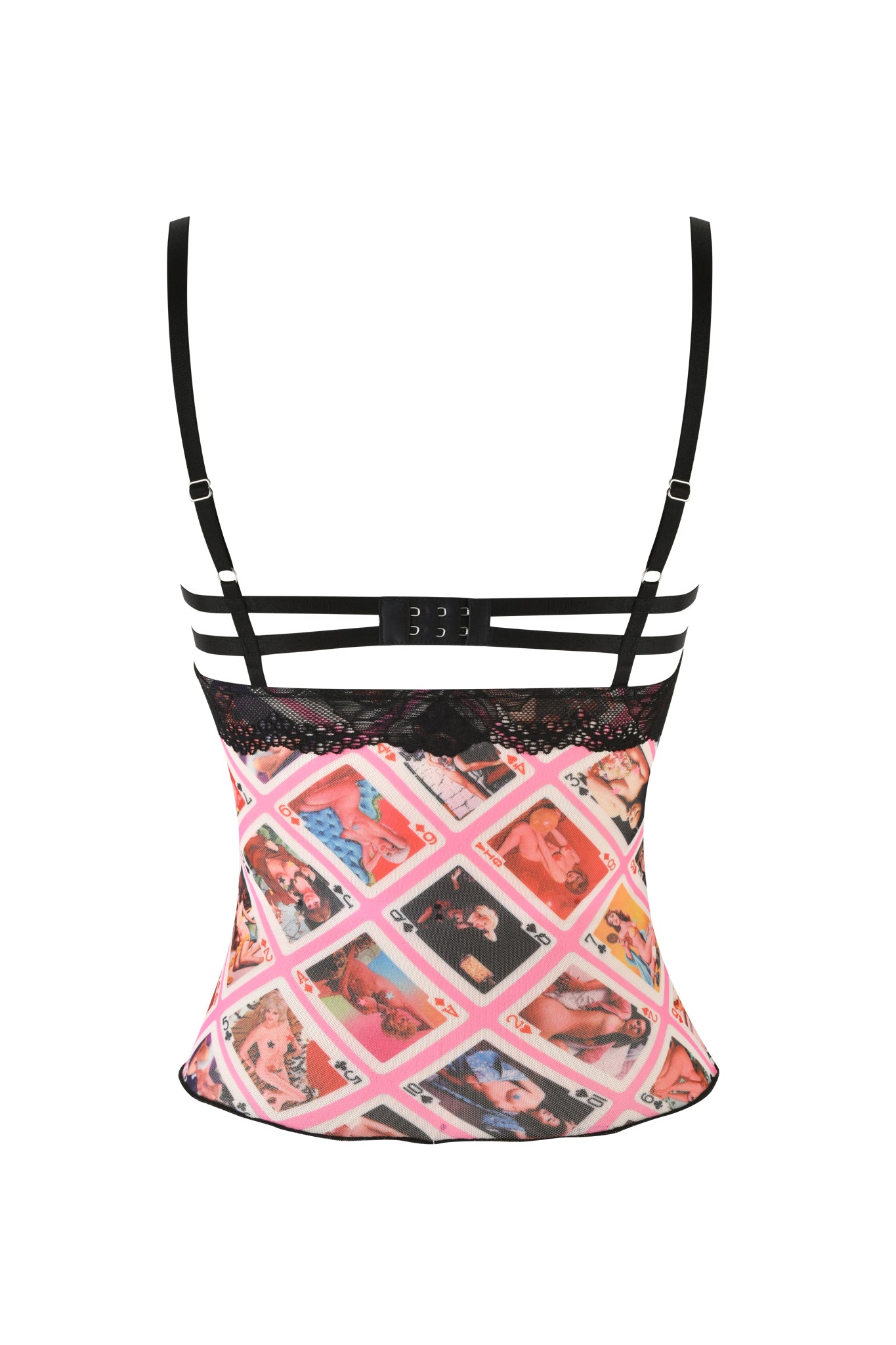 The Silo Top from I.AM.GIA, featuring black straps with hook fasteners, displays a collage of colorful pop art in a diagonal grid and is bordered by black lace along the top edge.
