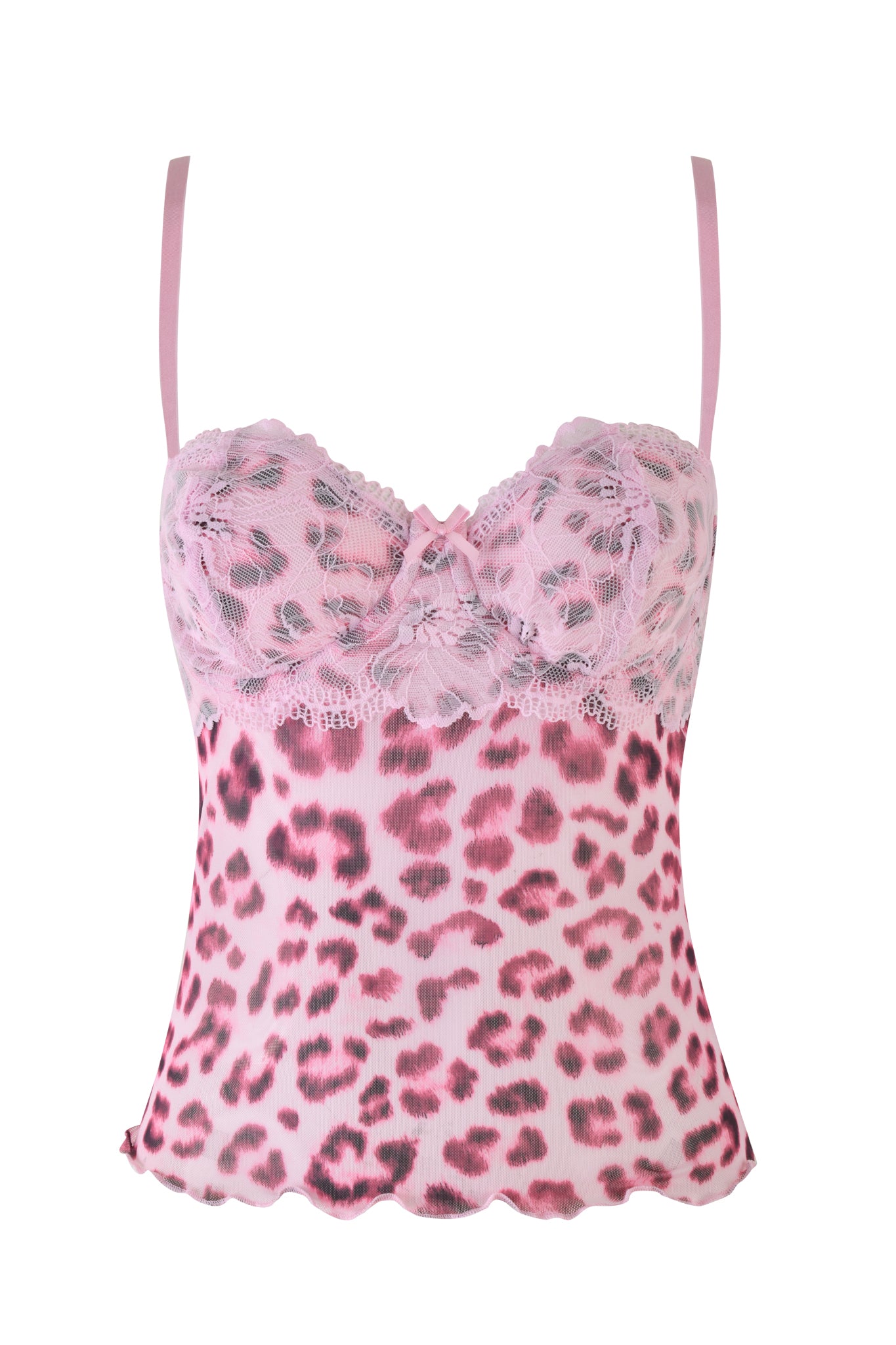 The SILO TOP by I.AM.GIA is a pink camisole with lace detailing at the top and a pink leopard print pattern on the bottom. It features thin pink straps and a bodycon fit, ideal for accentuating your silhouette.