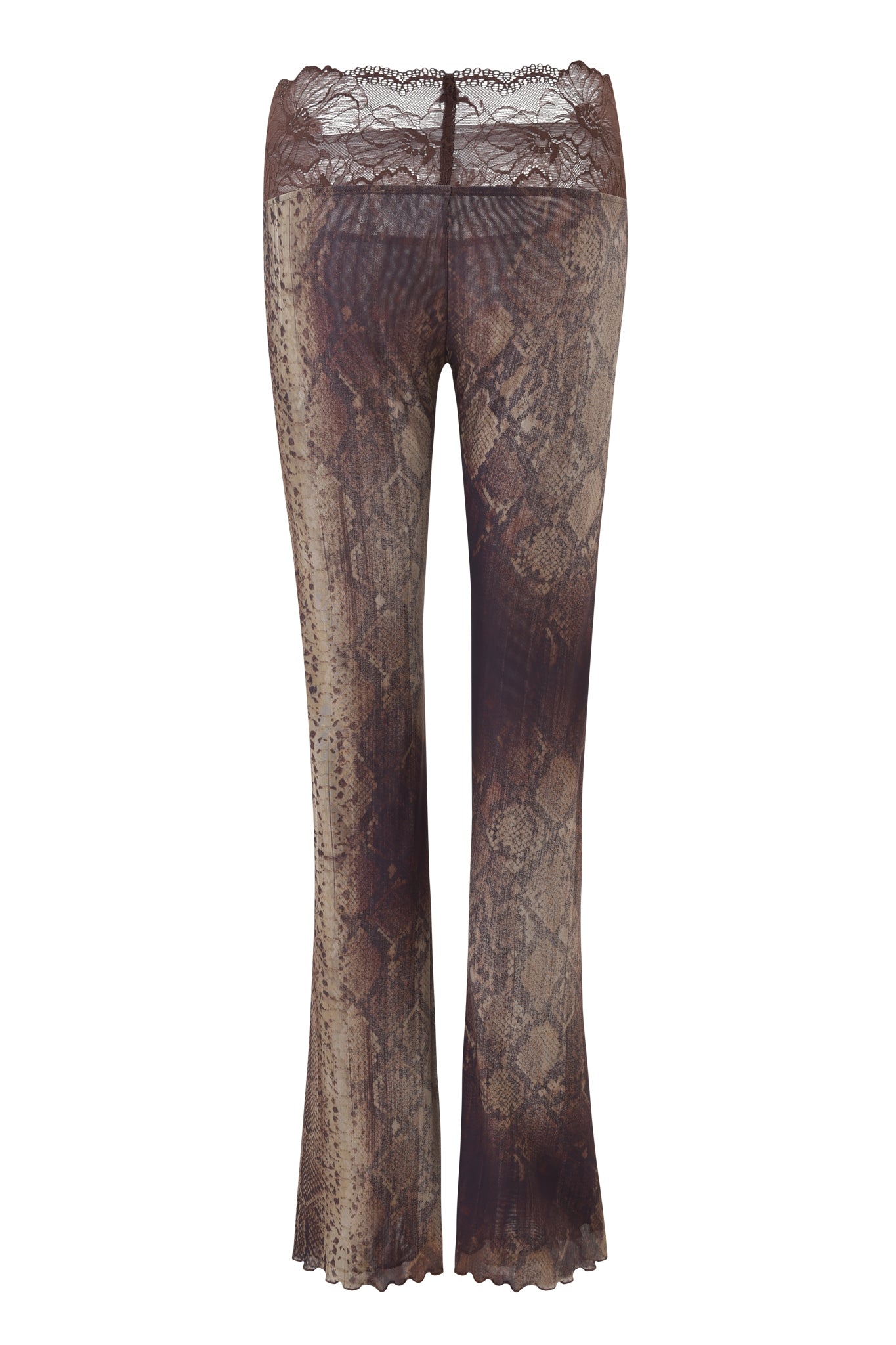 The I.AM.GIA SILO PANT - SNAKE showcases sheer brown mesh with a snake print, flared legs, scalloped hem, and lace waistband detailing, shown from the back.