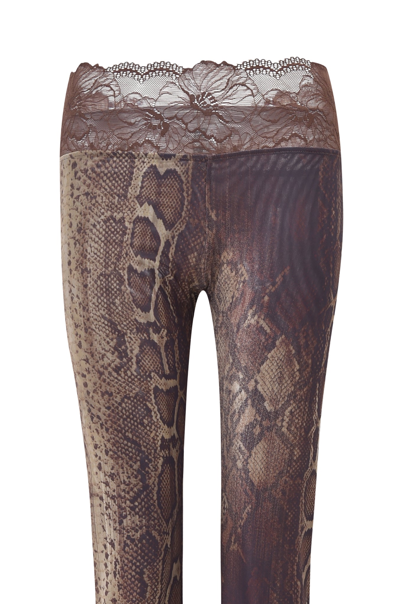 The I.AM.GIA SILO PANT - SNAKE are high-waisted leggings with a brown snake print, mesh fabric, and lace-trimmed waistband, shown from the back.