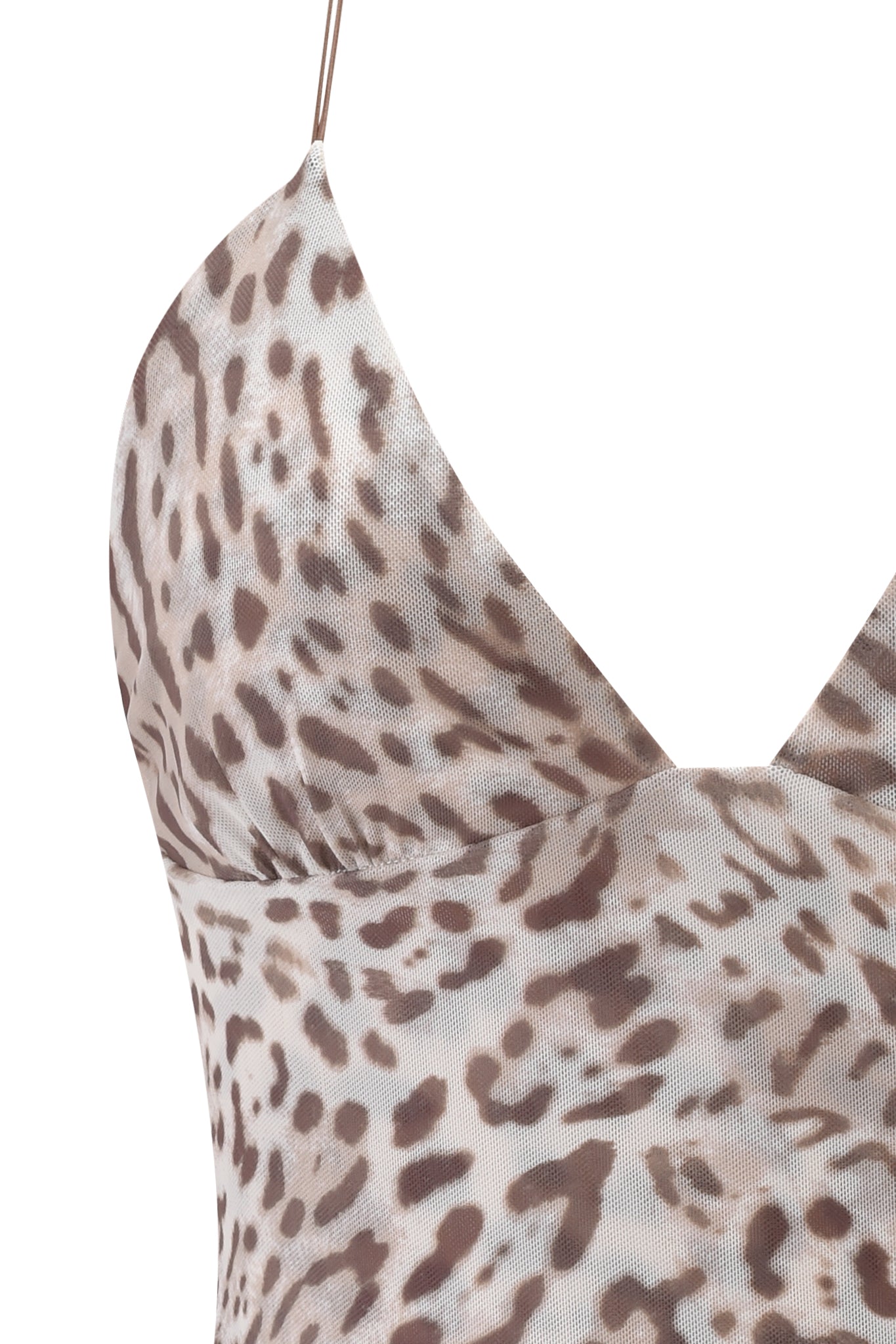 Close-up of the I.AM.GIA ELLERY TOP - LEOPARD, featuring thin straps, a warped leopard print on light fabric, a V-neckline, and an open back with strappy detailing.