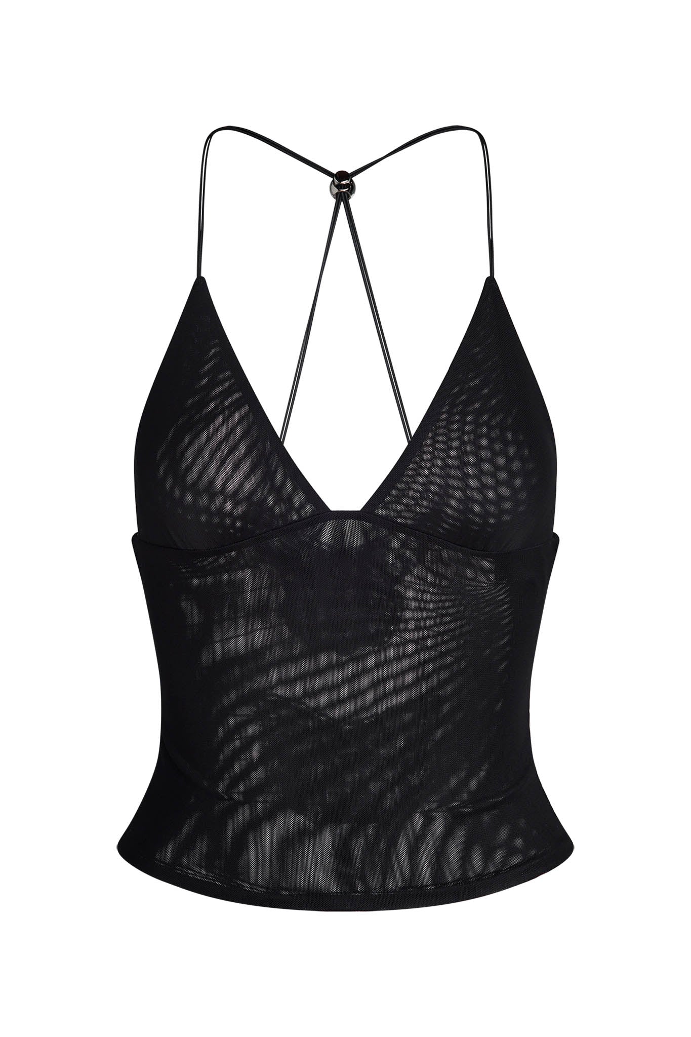 The ELLERY TOP - BLACK by I.AM.GIA is a black sleeveless top with thin spaghetti straps that form an X at the back. It features a deep V-neckline, slightly transparent fabric, and offers a form-fitting silhouette that ends around the waist.