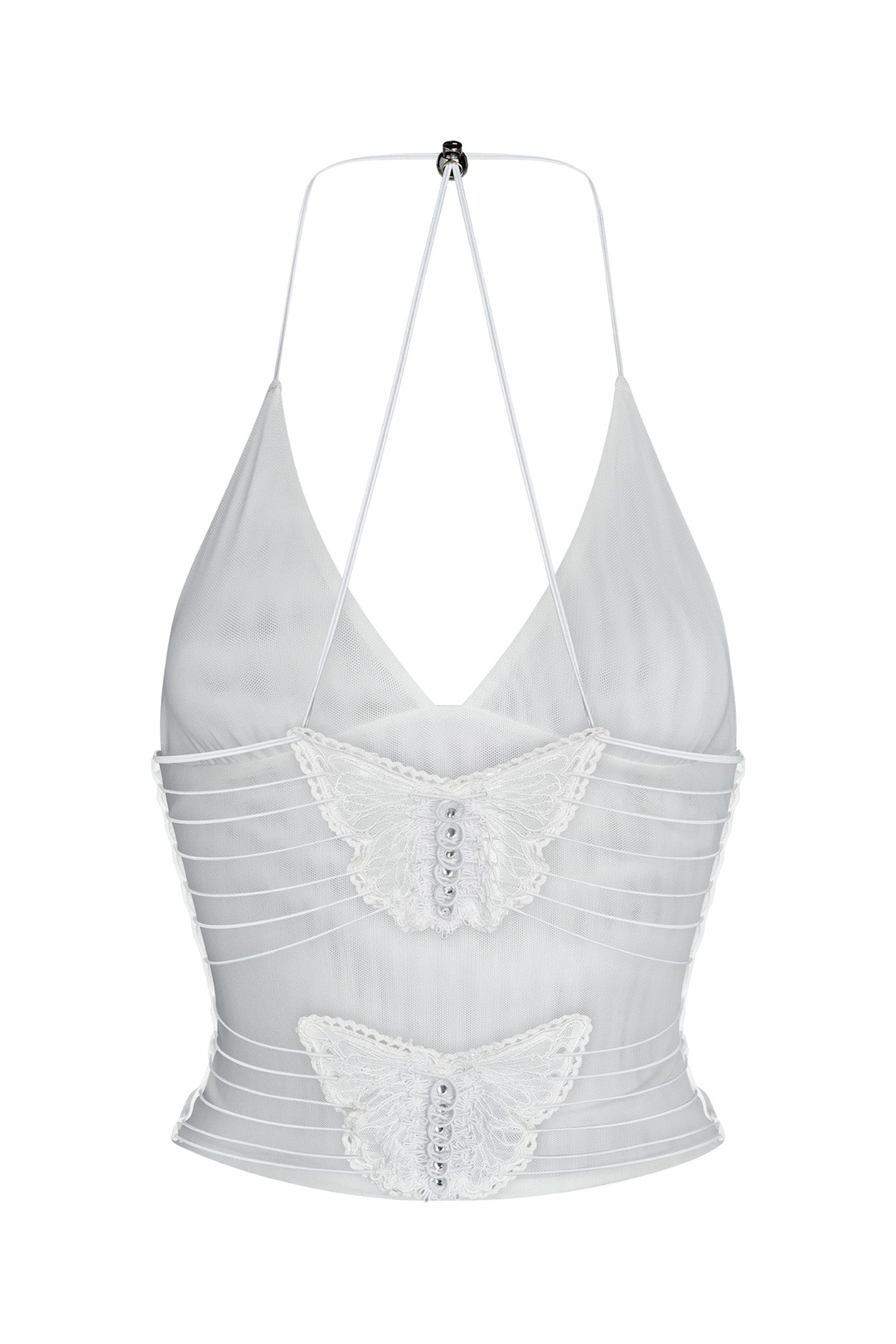 The ELLERY TOP - WHITE by I.AM.GIA features two embroidered butterfly appliqués adorned with beads on the front. It boasts semi-transparent fabric, a V-neckline, and multiple horizontal straps around the midsection for a chic, edgy look.