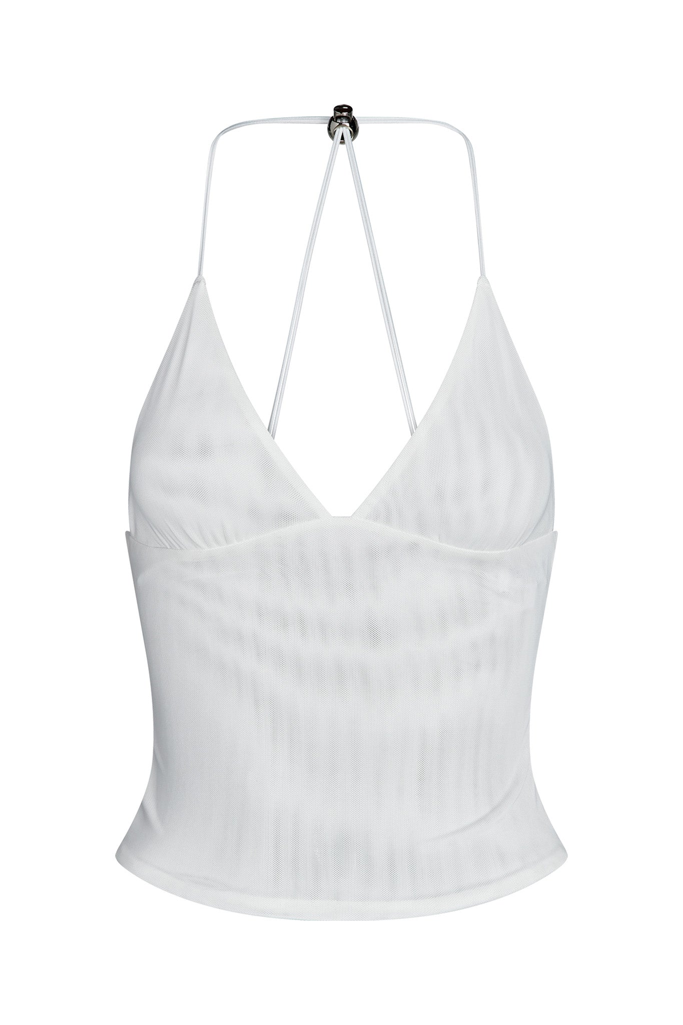 The ELLERY TOP - WHITE by I.AM.GIA is a white, sleeveless halter top with spaghetti straps and a deep V-neckline. It has a semi-sheer fabric and a fitted silhouette that ends around the midriff. The back features crossed straps forming an X shape.