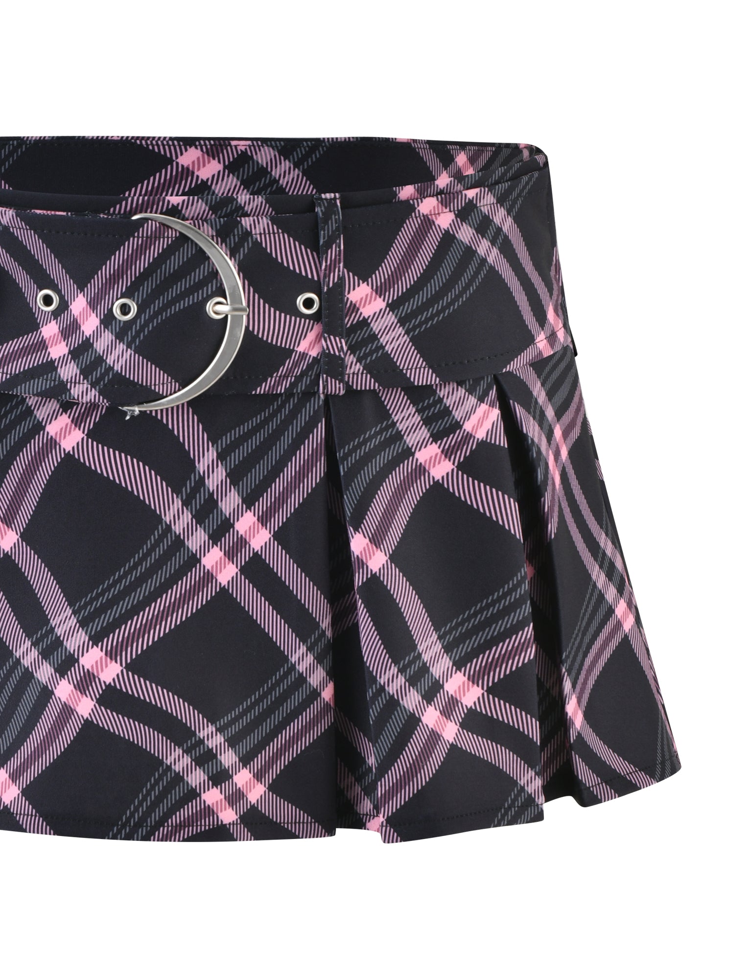 Introducing the CHARLOTTE SKORT - BLACK: WARPED CHECK from I.AM.GIA, a stylish pleated mini skort featuring a unique black and pink warped check pattern. The skort includes a wide waistband adorned with a silver circular buckle, adding a chic accent. The fabric appears soft, with evenly spaced vertical and horizontal lines creating the dynamic plaid design.