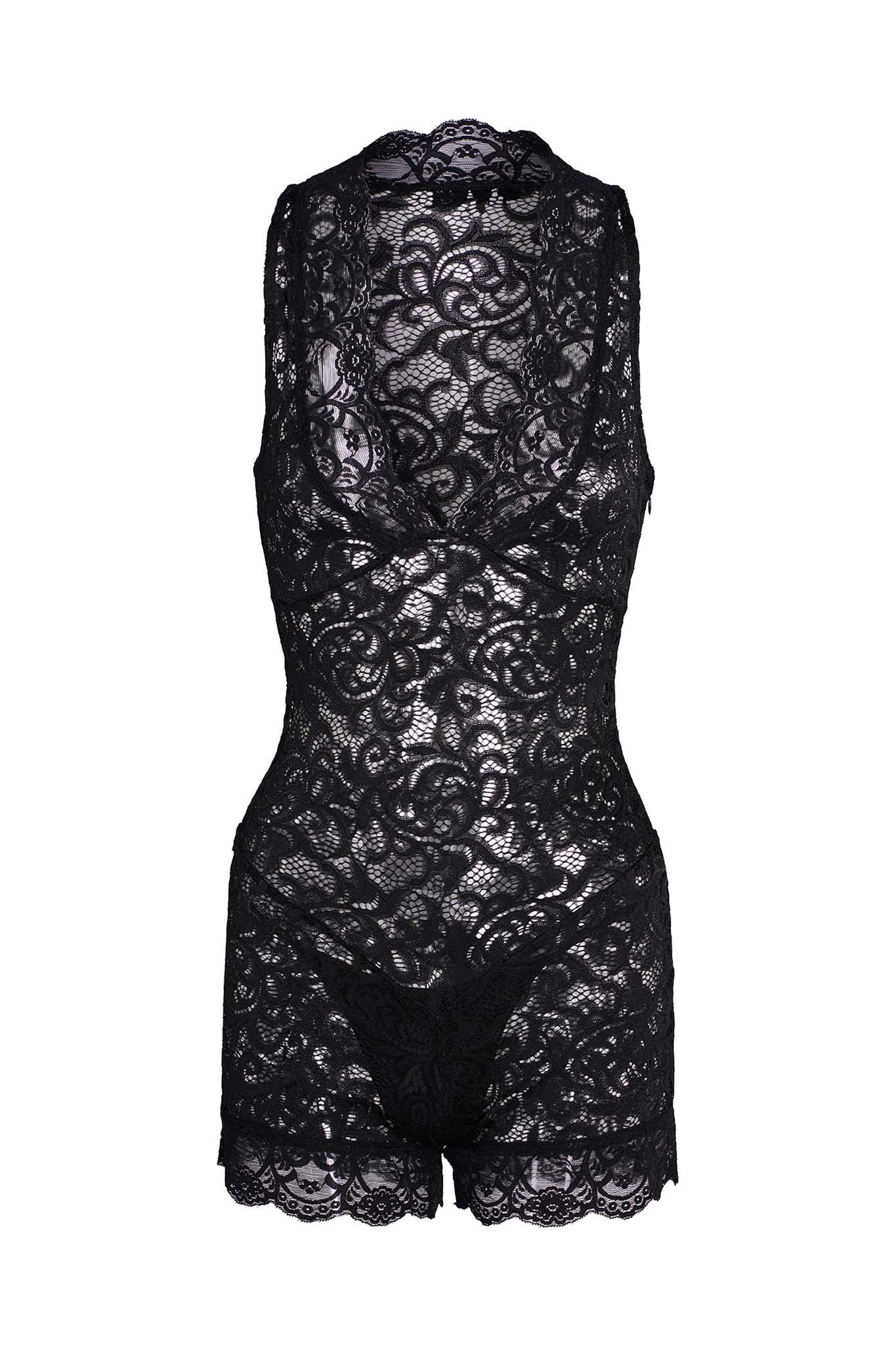 The GEMMA ROMPER - BLACK by I.AM.GIA is a black lace bodysuit featuring an intricate floral pattern, a plunging neckline, sleeveless design, and scalloped edges at the hem. This form-fitting bodysuit has an elegant and delicate appearance.