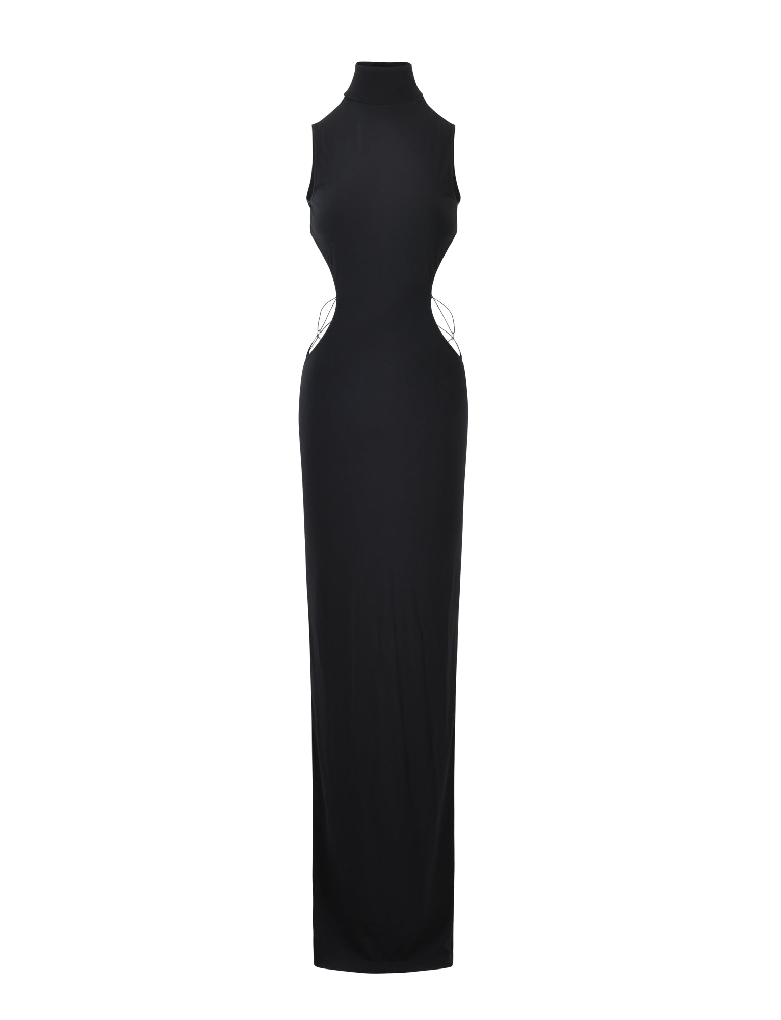 Introducing the LARISA MAXI DRESS - BLACK by I.AM.GIA, a sophisticated, sleeveless design featuring a high neckline and stylish cut-out sides. This ankle-length dress showcases a sleek, fitted silhouette that exudes elegance.