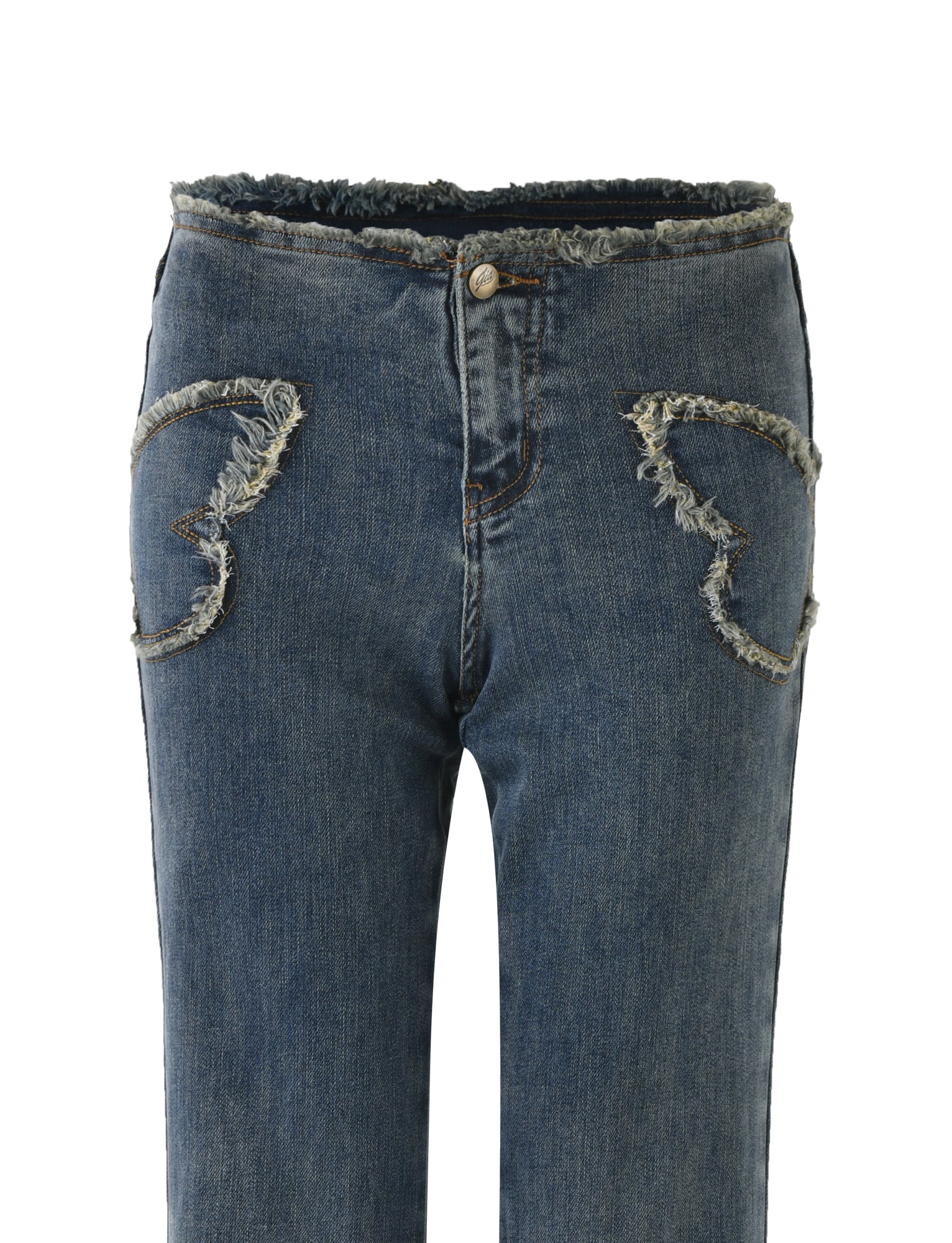 The I.AM.GIA SAFFIYAH PANT in Denim Blue features frayed heart-shaped detailing on the front pockets. The waistband has a slightly frayed edge and is fastened with a button and zipper. With a low-rise waist and flared leg, these jeans present a worn and rugged style.