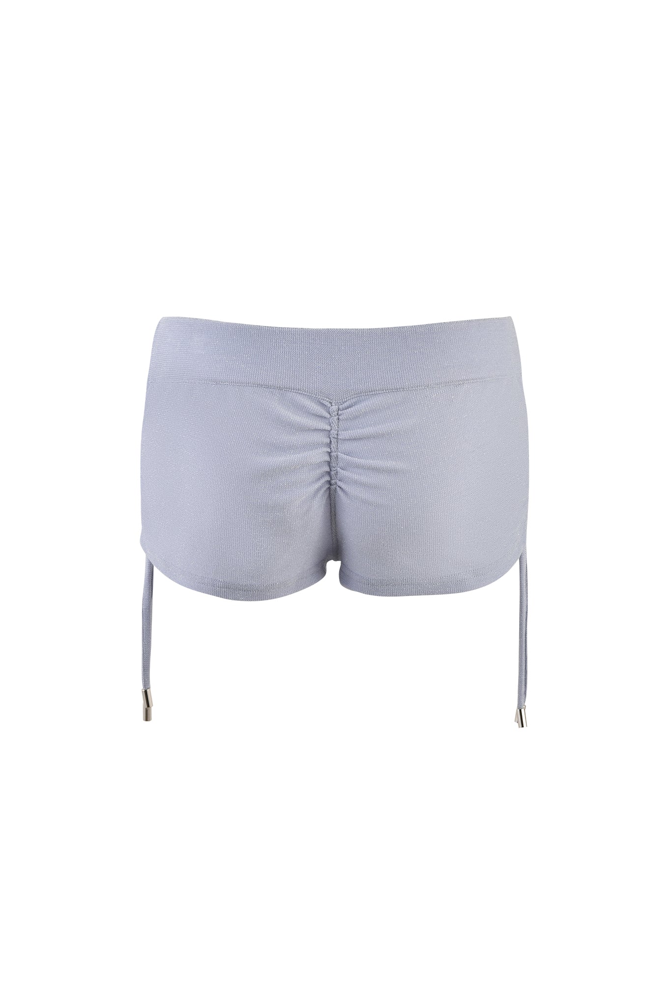The image shows a pair of women's shorts by I.AM.GIA called the KAYNA SHORT - BLUE in a baby blue color. They feature a ruched design on the back and adjustable drawstrings on both sides. The material appears to be soft and stretchy, making them suitable for casual wear or workouts, with a snug fit around the waist and hips.