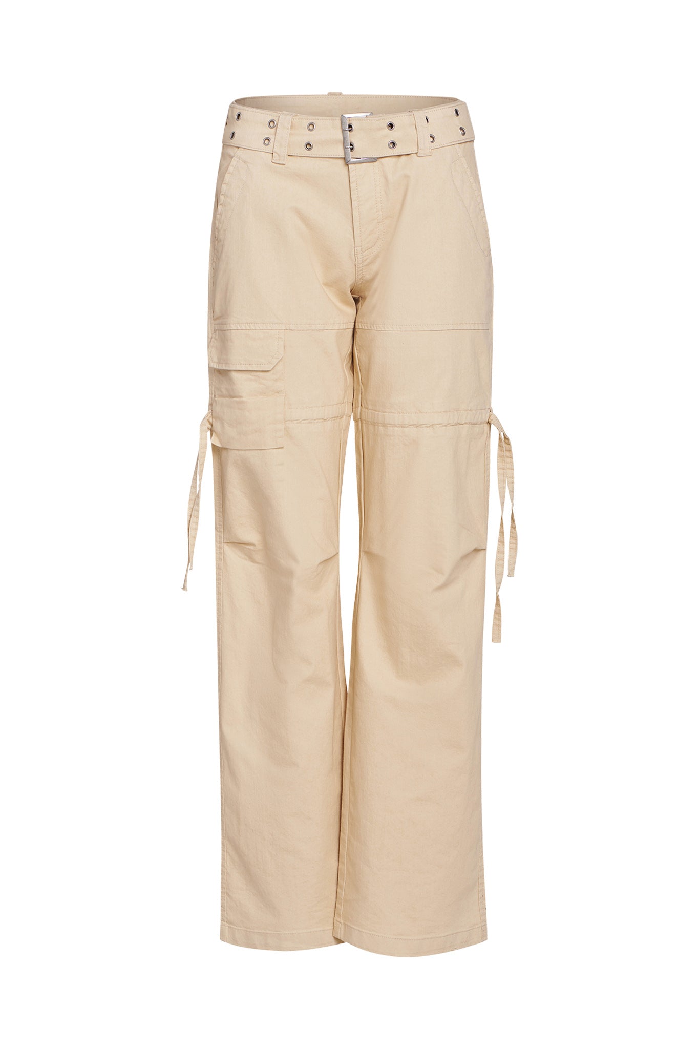 A pair of NAIMA CARGO PANT - TAN by I.AM.GIA featuring multiple pockets, belt loops with an included matching belt, and adjustable drawstrings at the knees. The pants are shown on a plain white background.