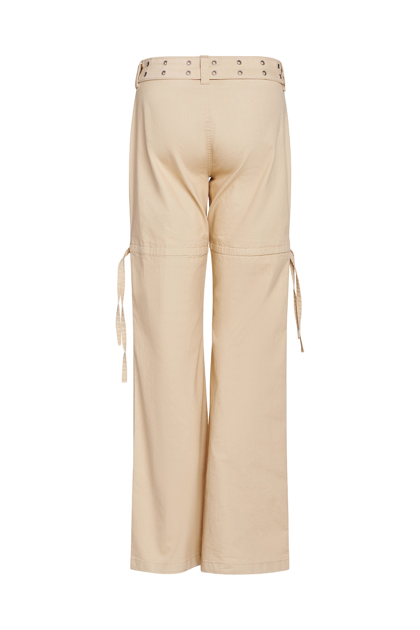 Introducing the NAIMA CARGO PANT - TAN from I.AM.GIA. These stylish tan wide-leg pants feature cargo pockets on the sides and a grommet belt around the waist. The relaxed-fit design includes drawstrings on the cargo pockets for added functionality. The image showcases the back view of these fashionable I.AM.GIA pants.