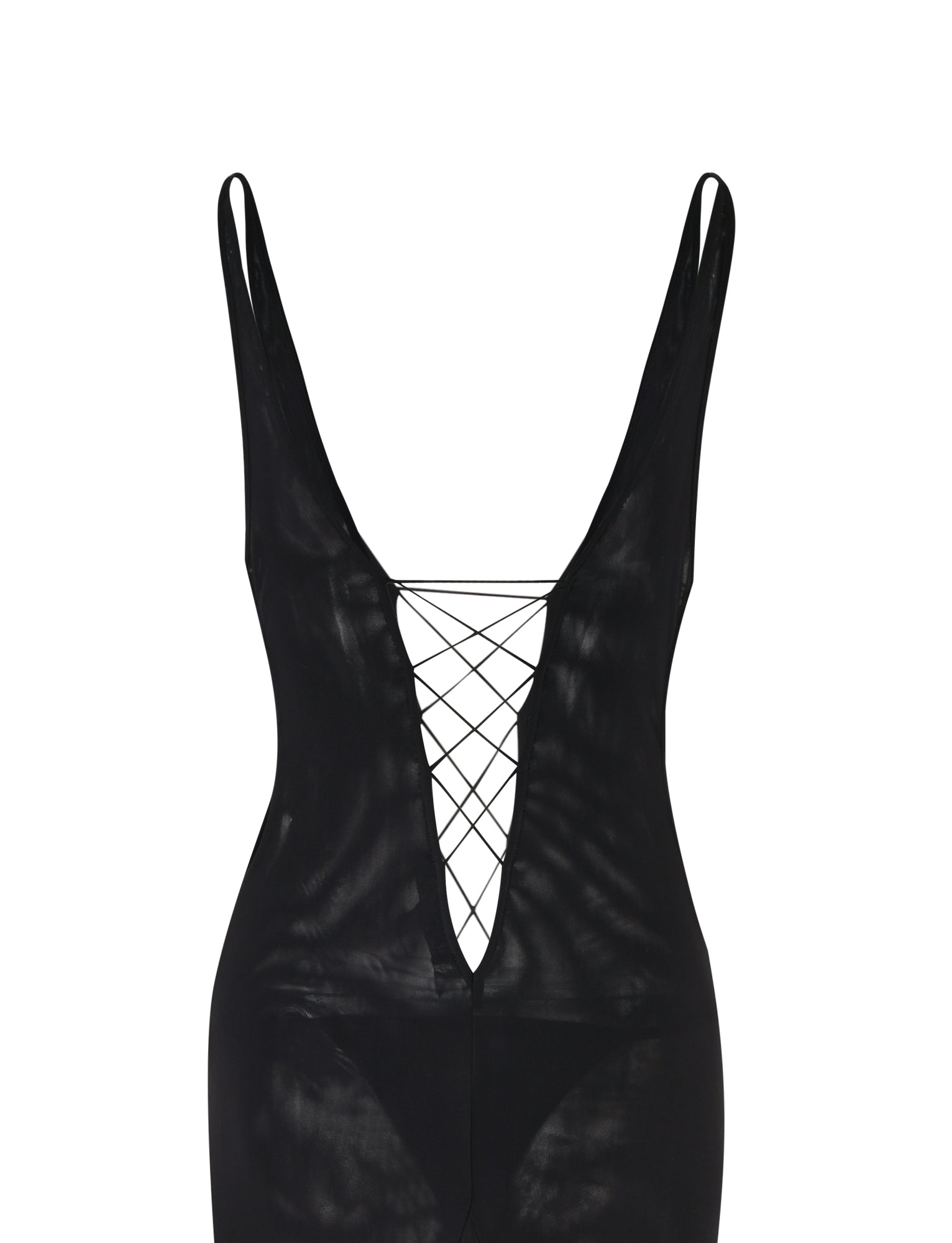 Introducing the MAYA DRESS - BLACK by I.AM.GIA, showcasing a sleek design with a deep plunging neckline, thin shoulder straps, and an eye-catching crisscross lace-up pattern in the front. The sheer material of the dress adds to its striking and sophisticated appeal.