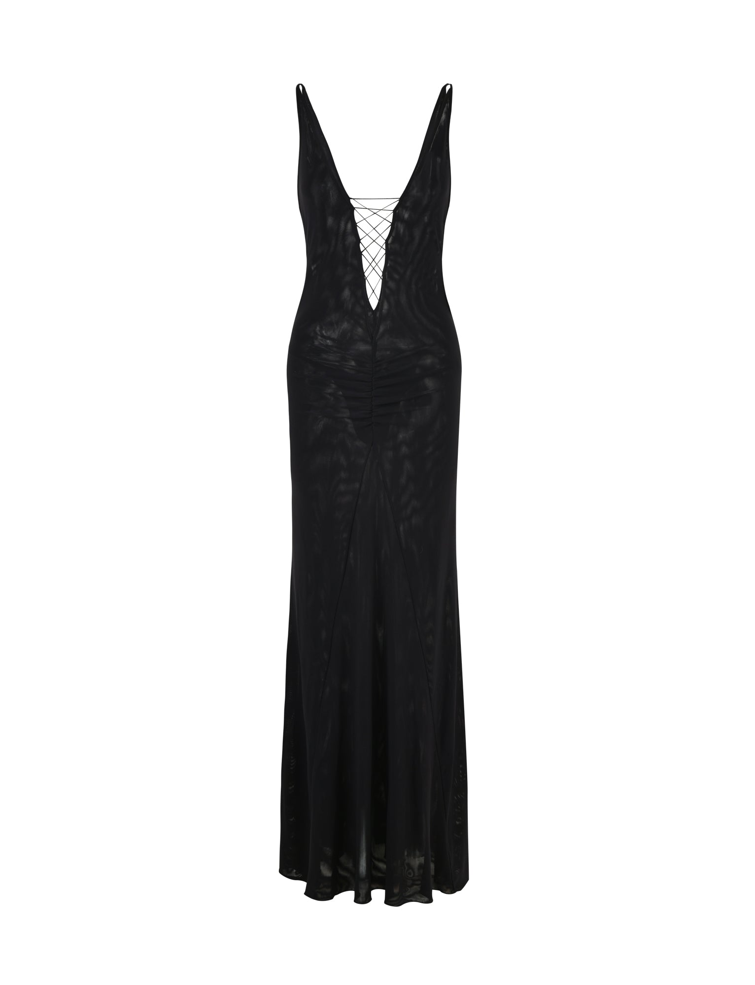 The MAYA DRESS - BLACK by I.AM.GIA is a long, elegant dress featuring a plunging V-neckline with crisscross lacing at the chest. It showcases a slim, form-fitting silhouette with a slightly flared skirt and is sleeveless with thin shoulder straps. The fabric appears smooth and shiny.