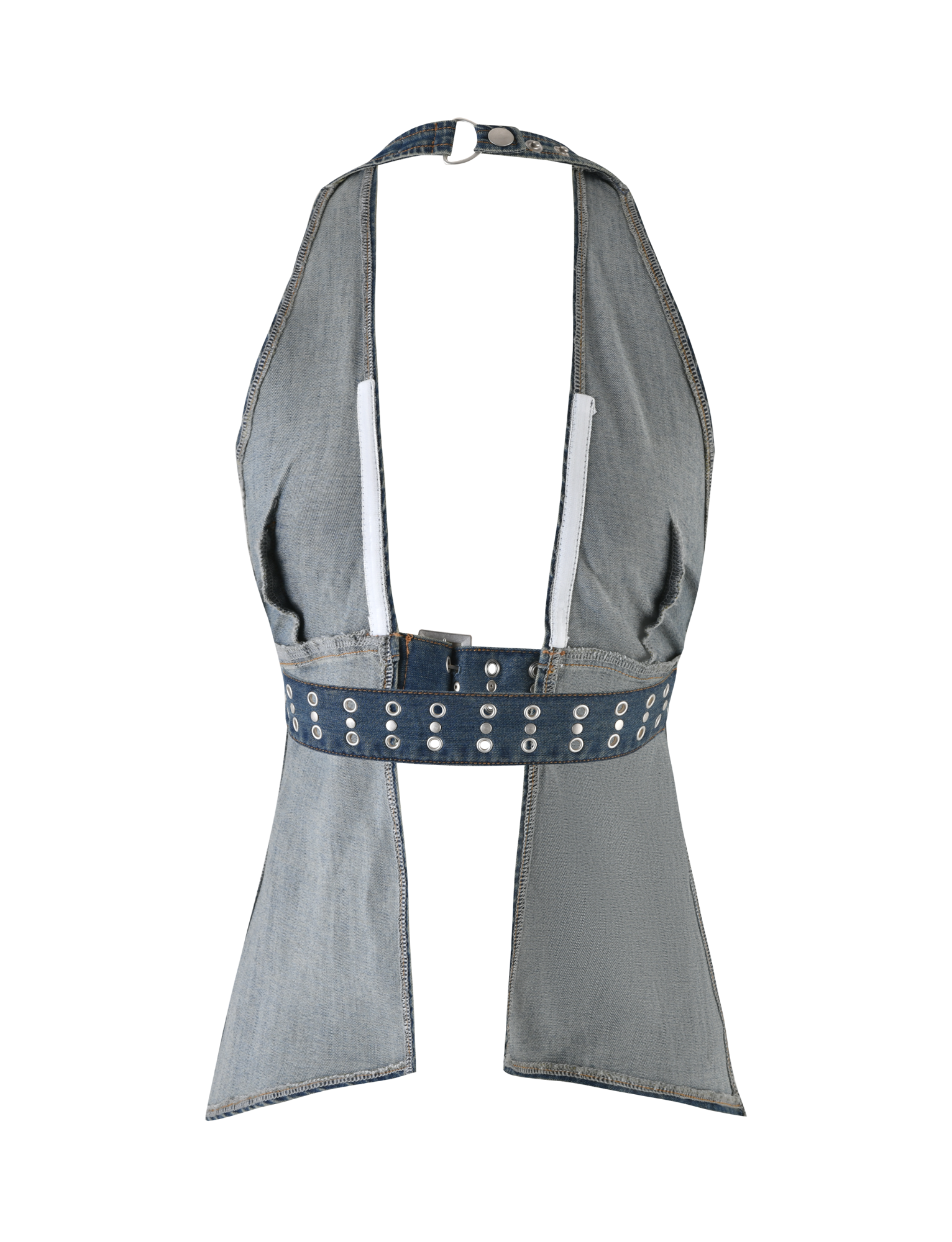 The I.AM.GIA SEQUOIA TOP - BLUE showcases a fashionable halter neck style and open back, complemented by a wide waistband adorned with silver grommet details. Its modern, edgy design is highlighted by white accent lines and exposed seams, creating a stylish and unique look.