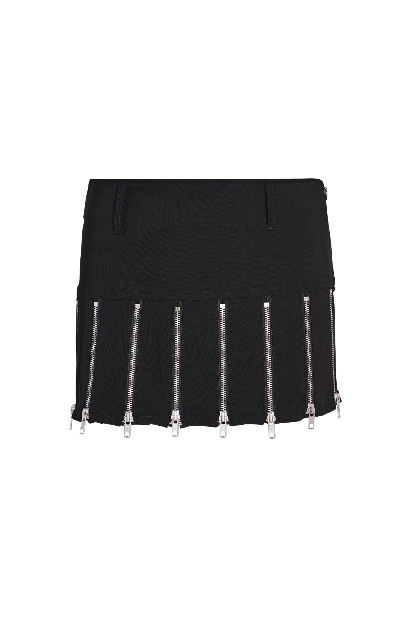 The CLAUDIA SKIRT - BLACK from I.AM.GIA features belt loops at the waist and multiple vertical silver zippers along the bottom edge. The evenly spaced zippers add a decorative and edgy design element to the mini skirt, which is displayed against a white background.