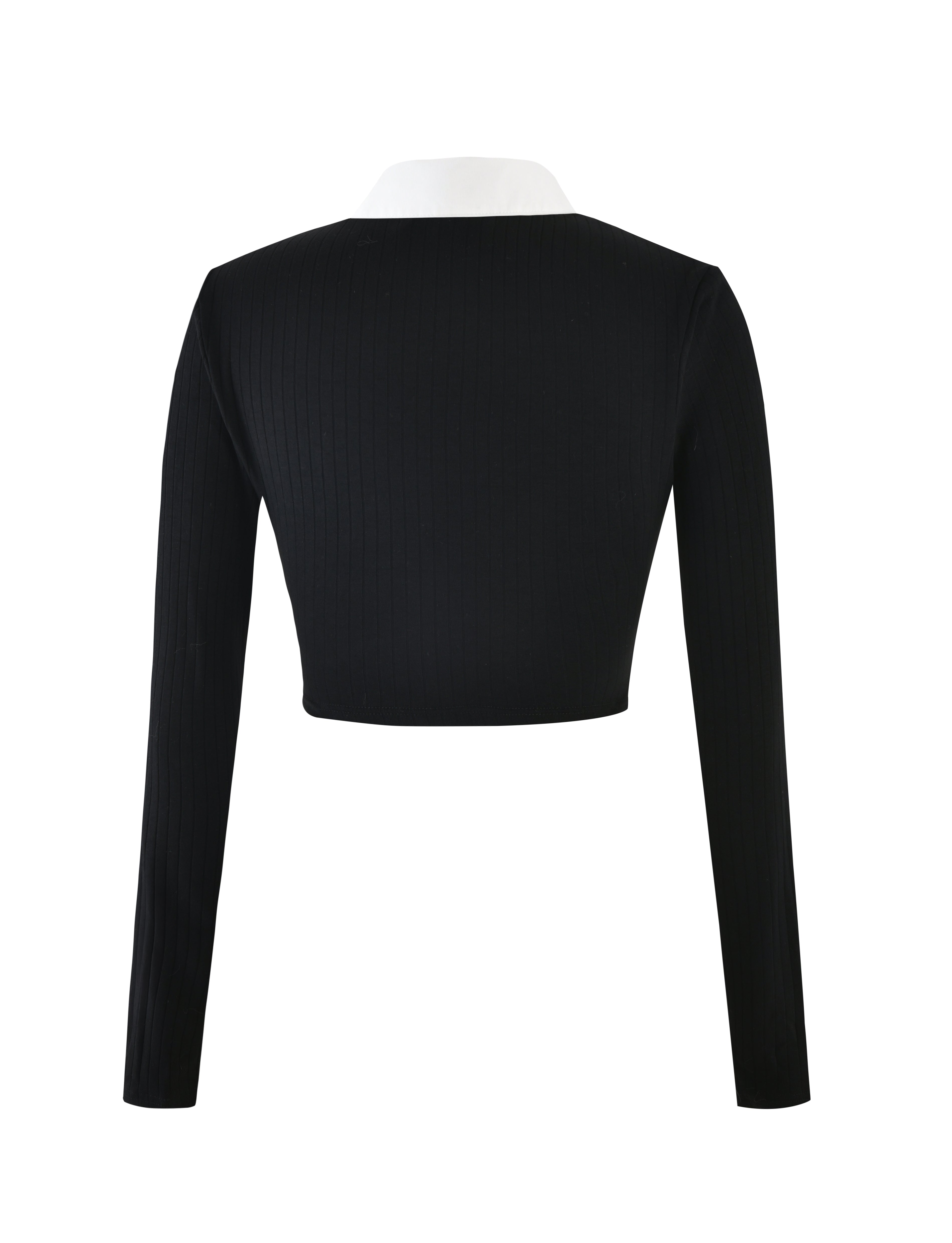 Back view of the I.AM.GIA LANDON TOP in black, featuring a white collar and ribbed texture. The long-sleeved cropped top is showcased against a plain white background.